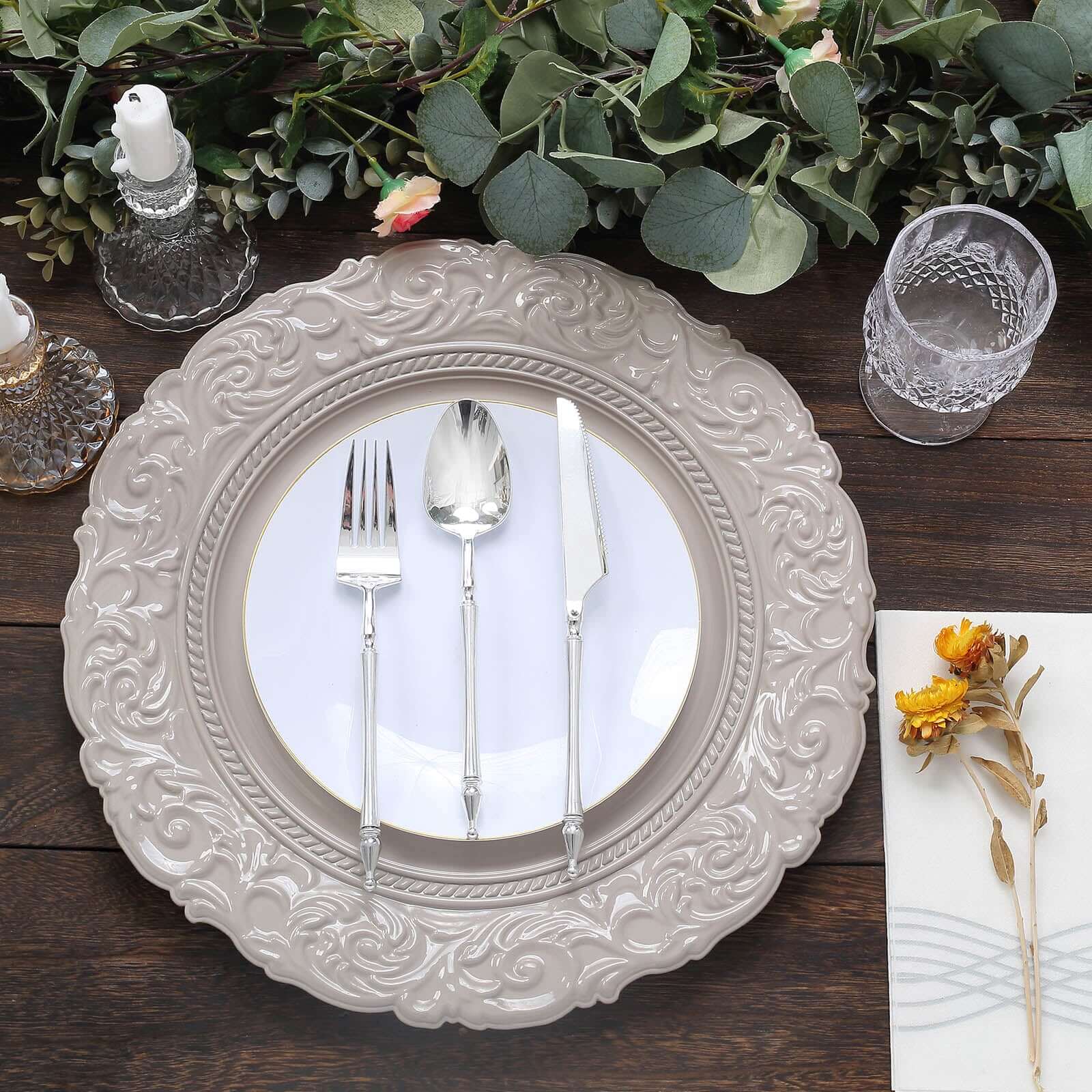 6-Pack Acrylic Charger Plates 14" Round Taupe with Engraved Baroque Rim - Vintage Disposable Decorative Chargers - Image 7