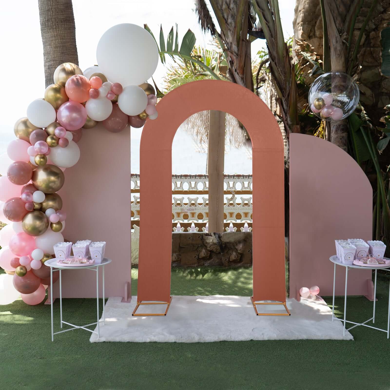 Terracotta (Rust) Spandex Fitted Open Arch Backdrop Cover, Double-Sided U-Shaped Wedding Arch Slipcover 8ft - Image 2
