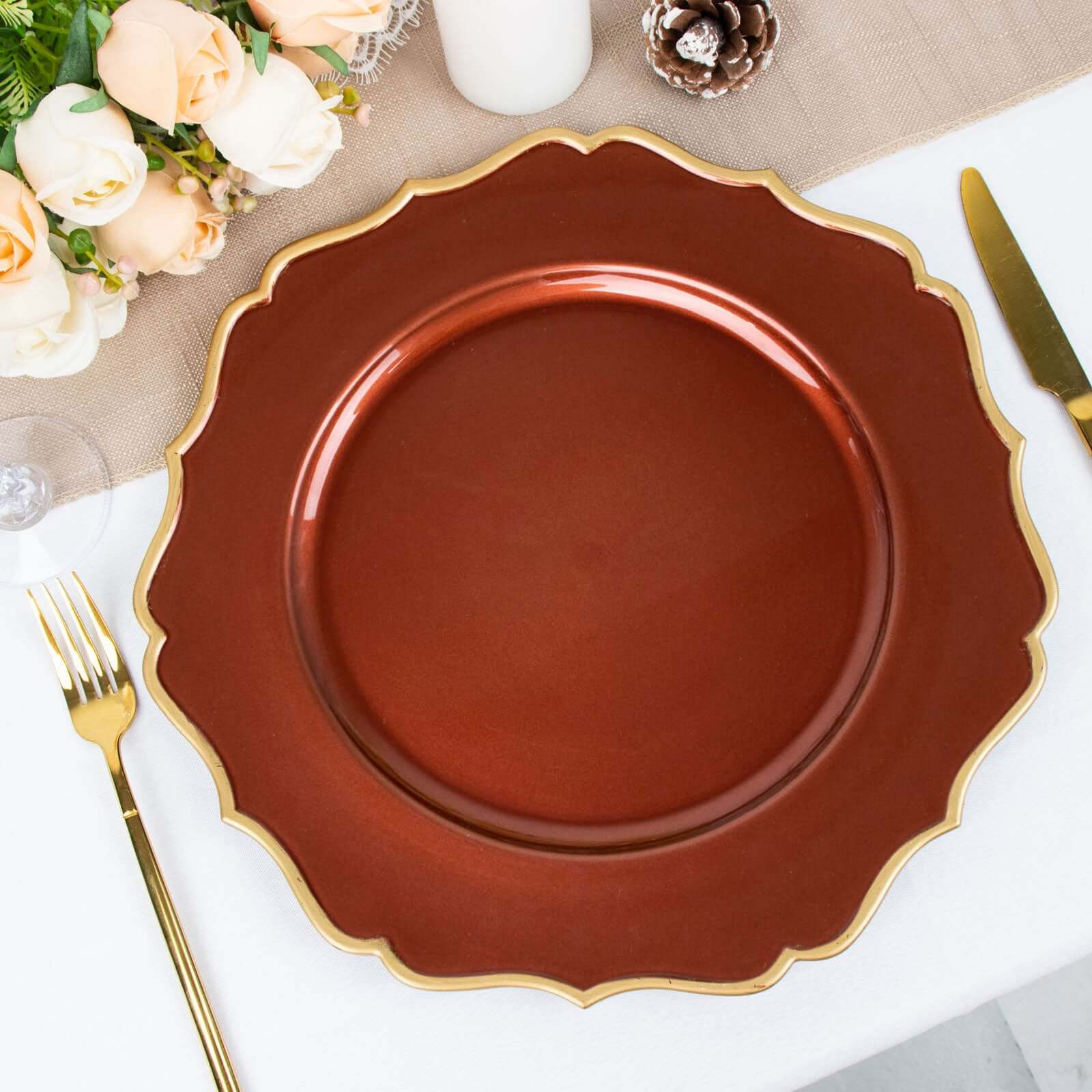 6-Pack Acrylic Charger Plates 13" Round Terracotta (Rust) with Gold Scalloped Rim - Dinner Plastic Charger Tableware - Image 11