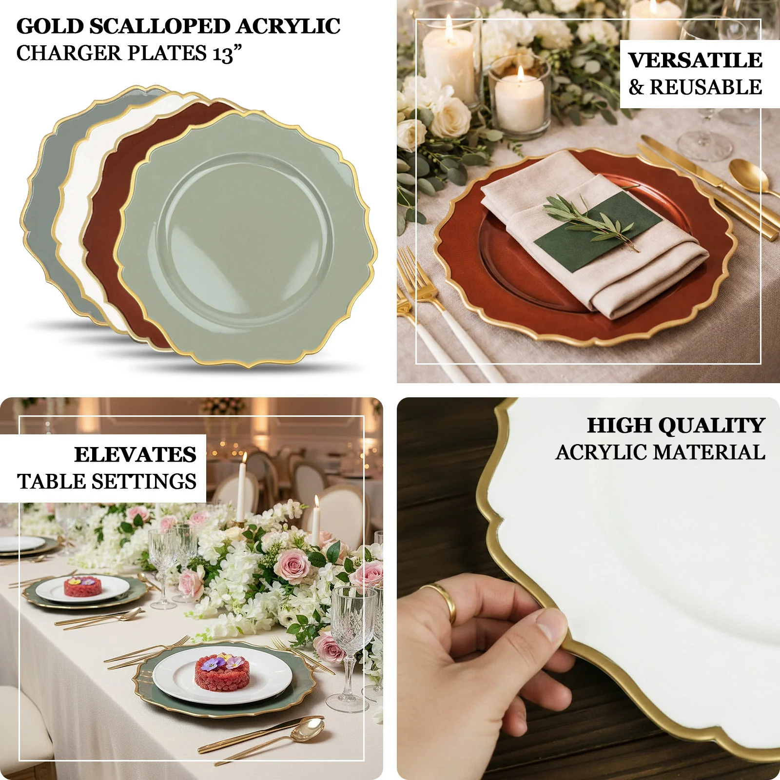 6-Pack Acrylic Charger Plates 13" Round Terracotta (Rust) with Gold Scalloped Rim - Dinner Plastic Charger Tableware - Image 4