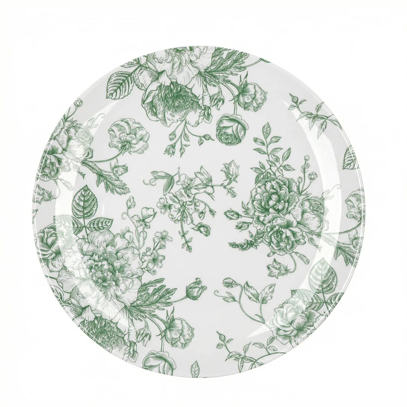 10-Pack French Toile Plastic Dinner Plates – Sage Green & White Floral, 10" Round Disposable Party Plates - Image 2