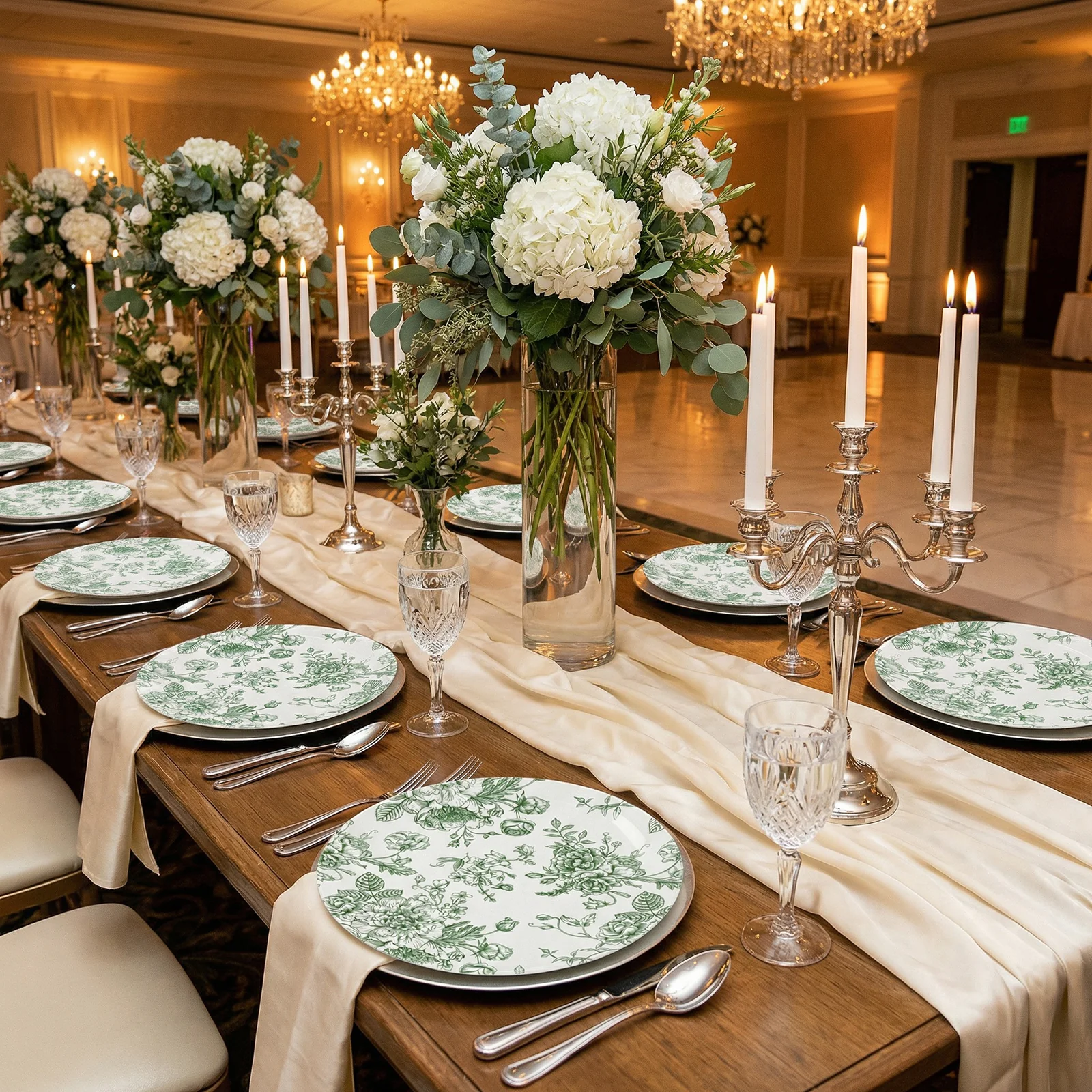 10-Pack French Toile Plastic Dinner Plates – Sage Green & White Floral, 10" Round Disposable Party Plates - Image 5