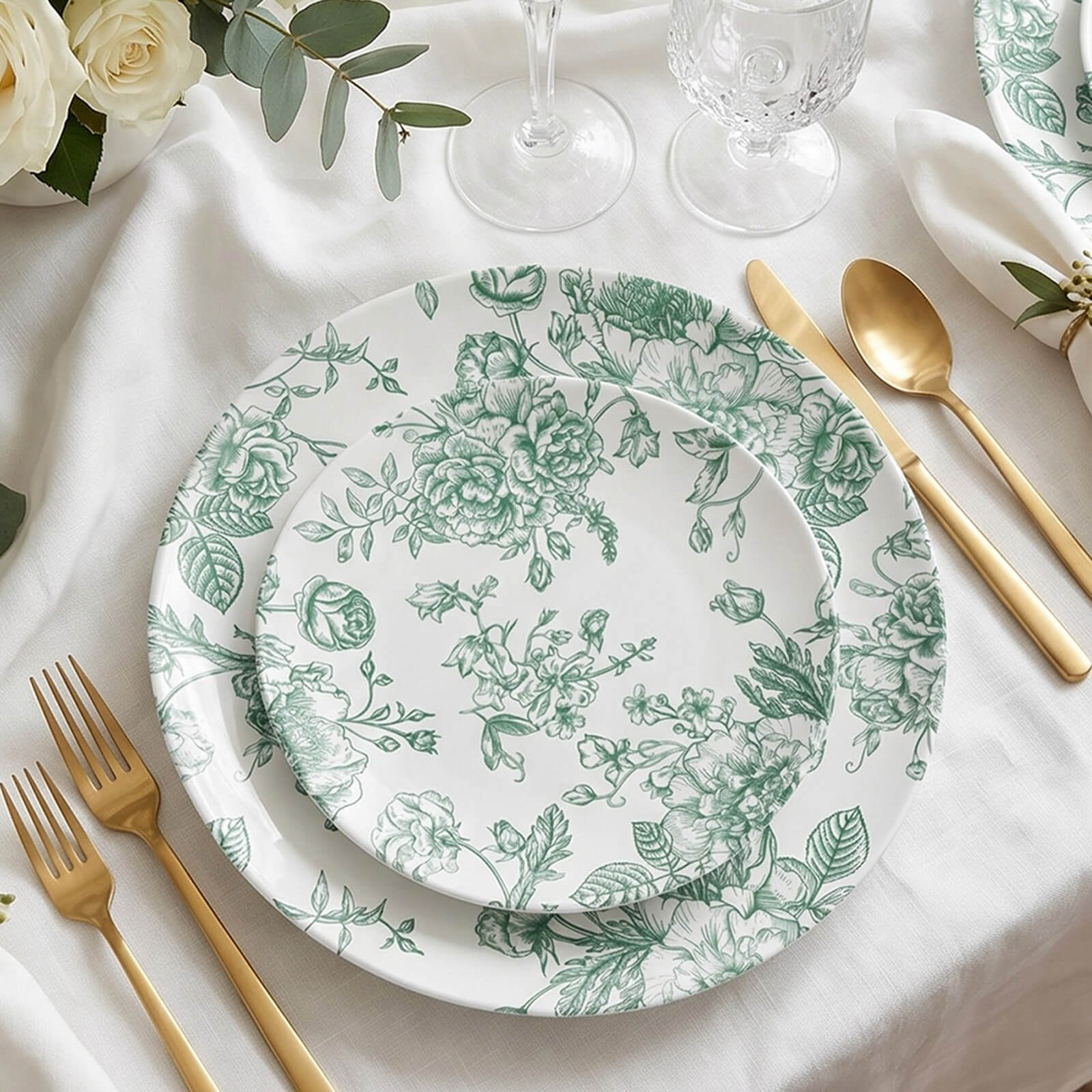 10-Pack French Toile Plastic Dessert Plates – Sage Green & White Floral, 7" Round Disposable Salad Plates - Image 7