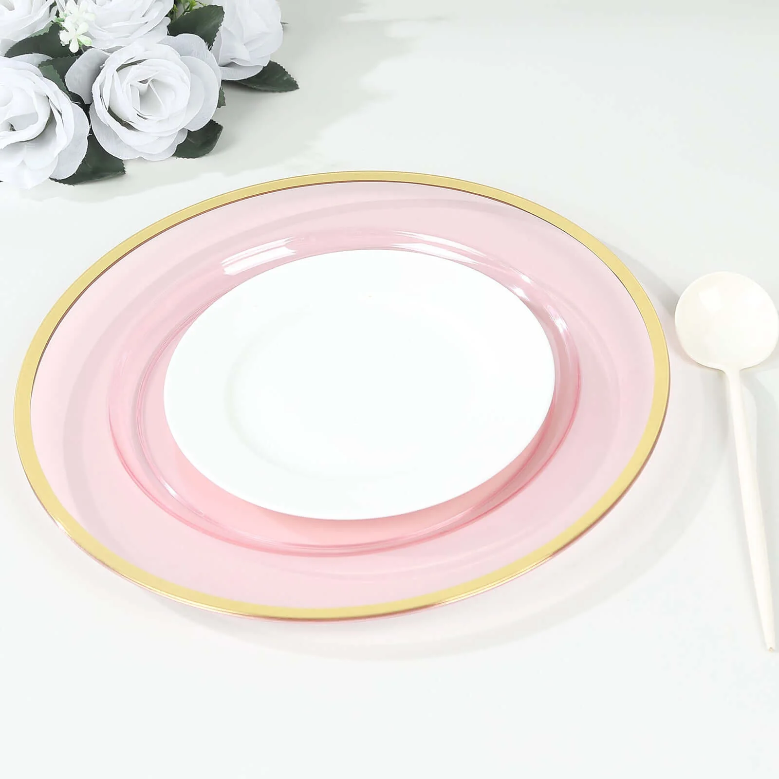 10-Pack Economy Plastic Charger Plates 12" Round Transparent Blush with Wide Gold Rim - Dinner Party Serving Plates - Image 7