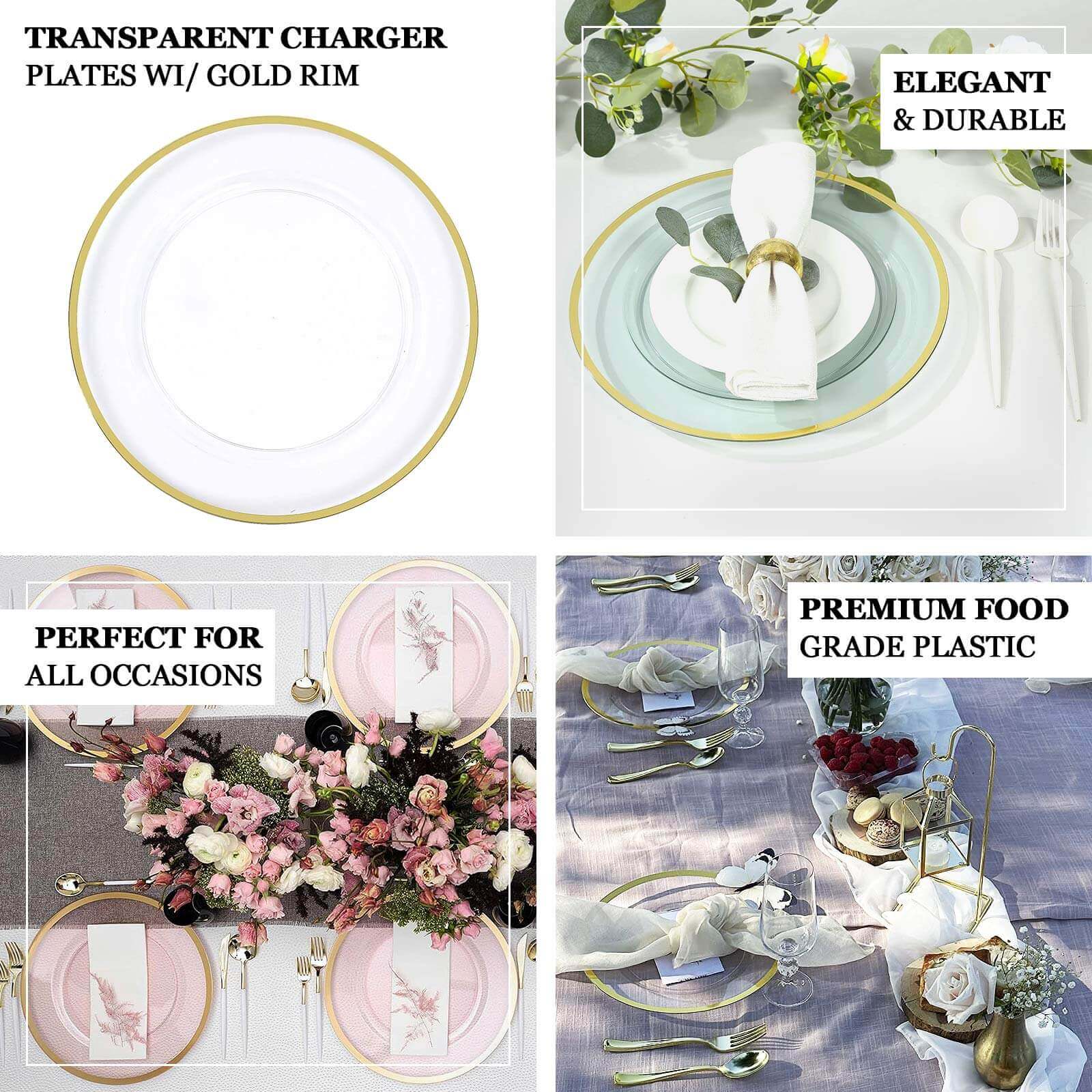 10-Pack Economy Plastic Charger Plates 12" Round Dusty Blue with Wide Gold Rim - Dinner Party Serving Plates - Image 5