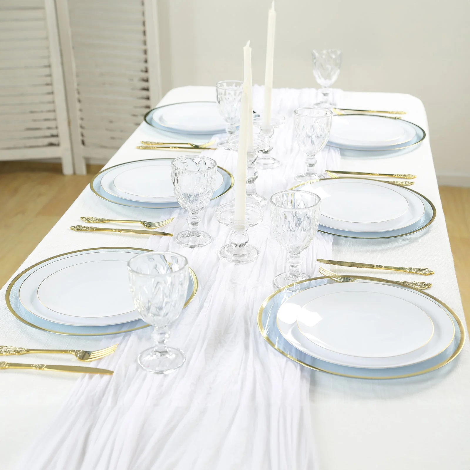 10-Pack Economy Plastic Charger Plates 12" Round Dusty Blue with Wide Gold Rim - Dinner Party Serving Plates - Image 8