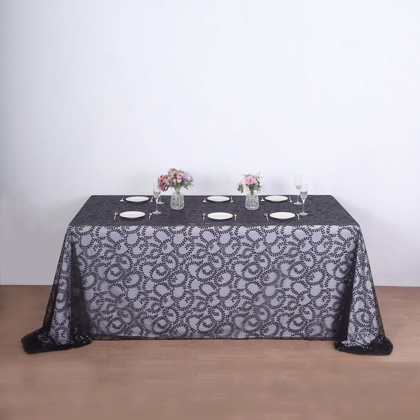 Tulle Rectangle Tablecloth 90"x156" Black with Embroidered Sequin Leaf Table Cover - Image 2