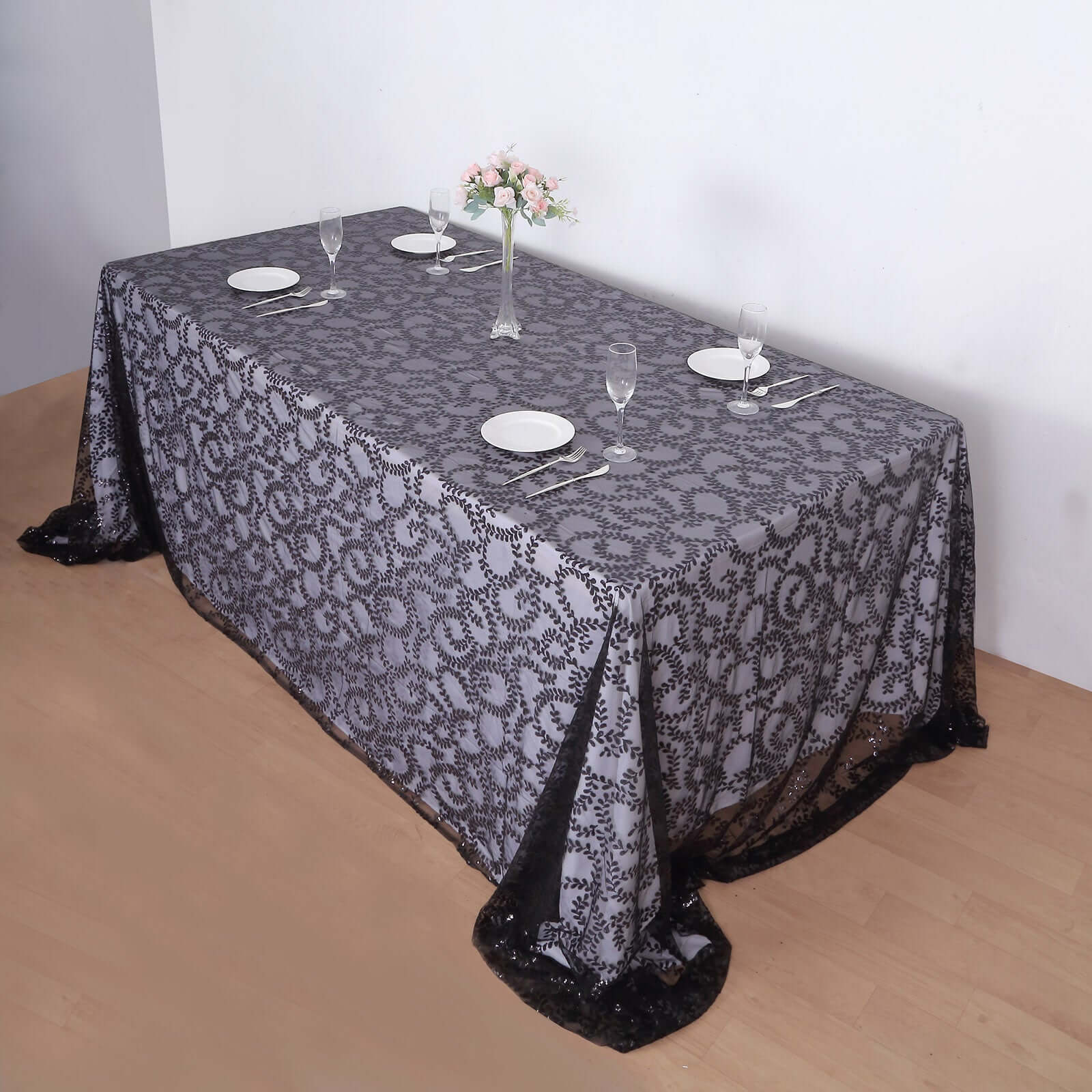 Tulle Rectangle Tablecloth 90"x156" Black with Embroidered Sequin Leaf Table Cover - Image 3