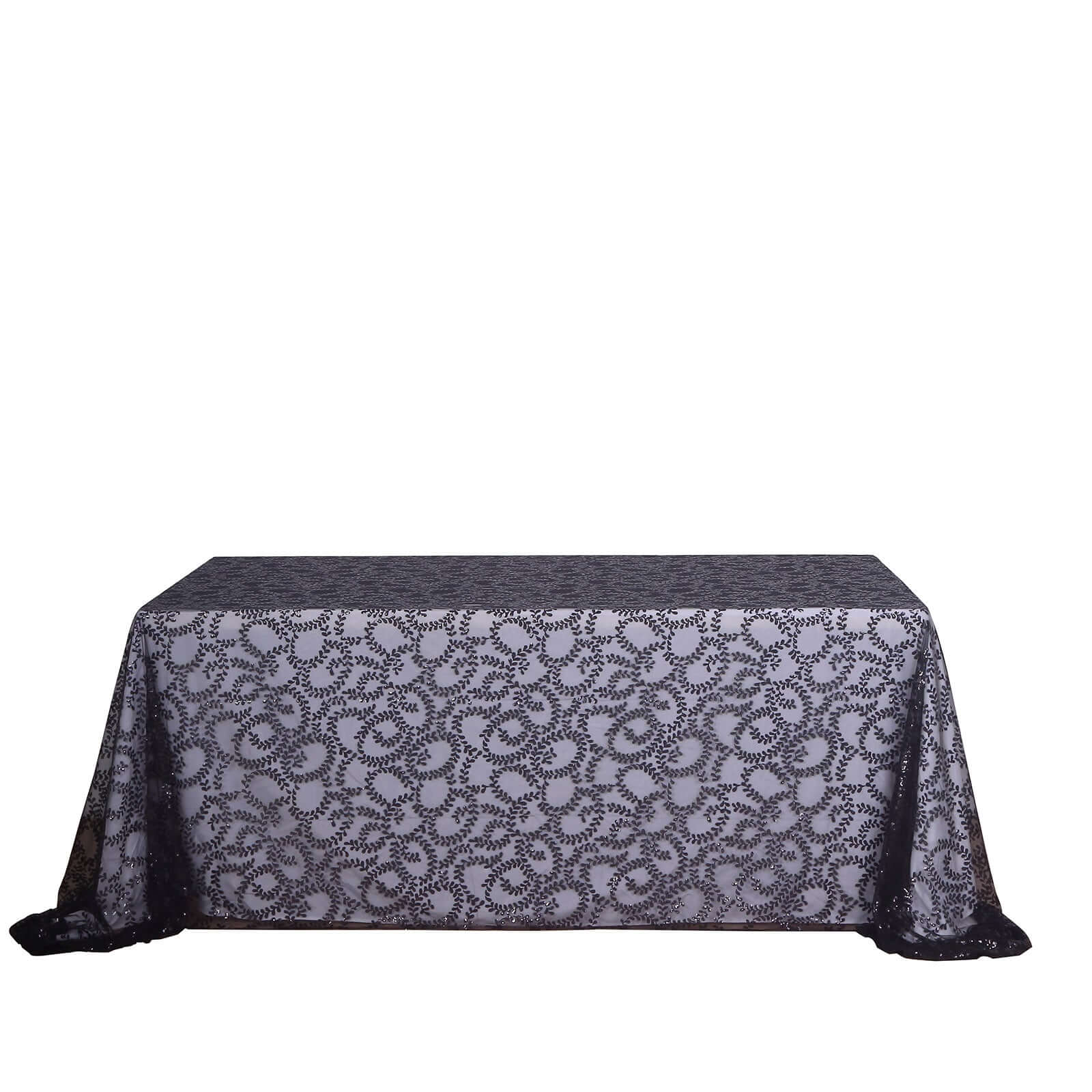 Tulle Rectangle Tablecloth 90"x156" Black with Embroidered Sequin Leaf Table Cover - Image 7