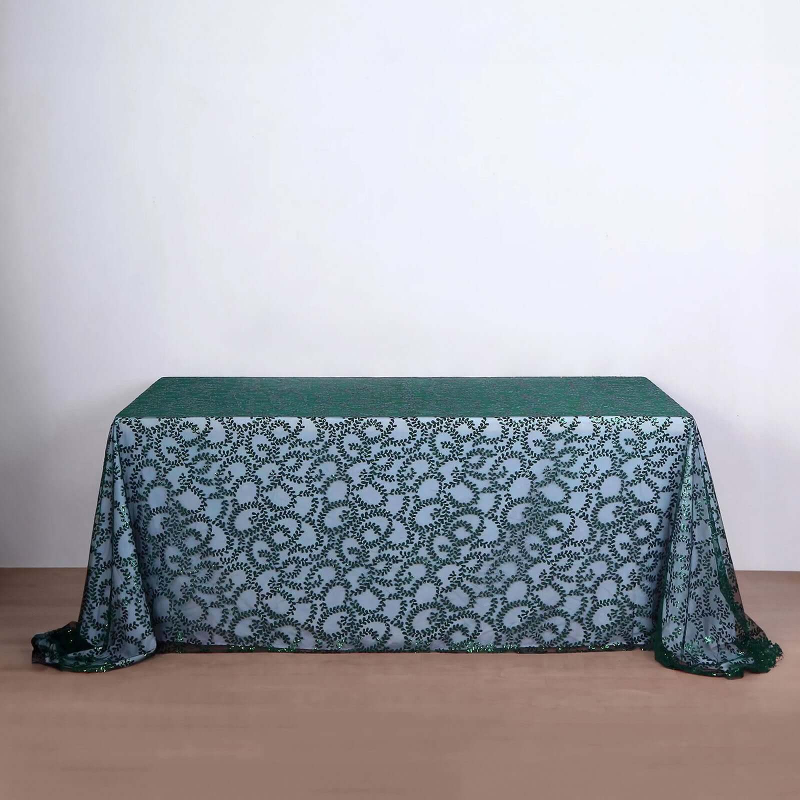 Tulle Rectangle Tablecloth 90"x156" Hunter Emerald Green with Embroidered Sequin Leaf Table Cover