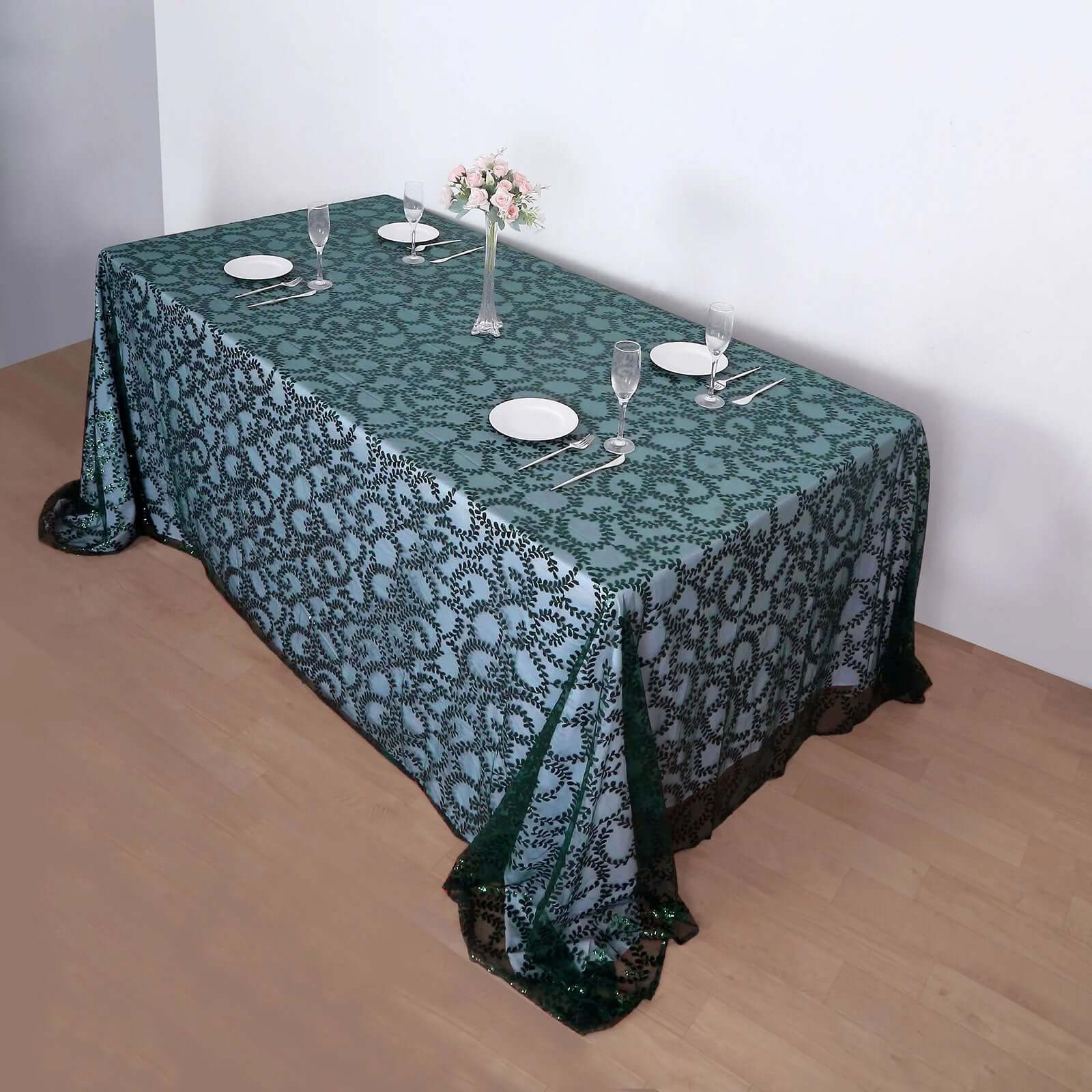 Tulle Rectangle Tablecloth 90"x156" Hunter Emerald Green with Embroidered Sequin Leaf Table Cover - Image 2