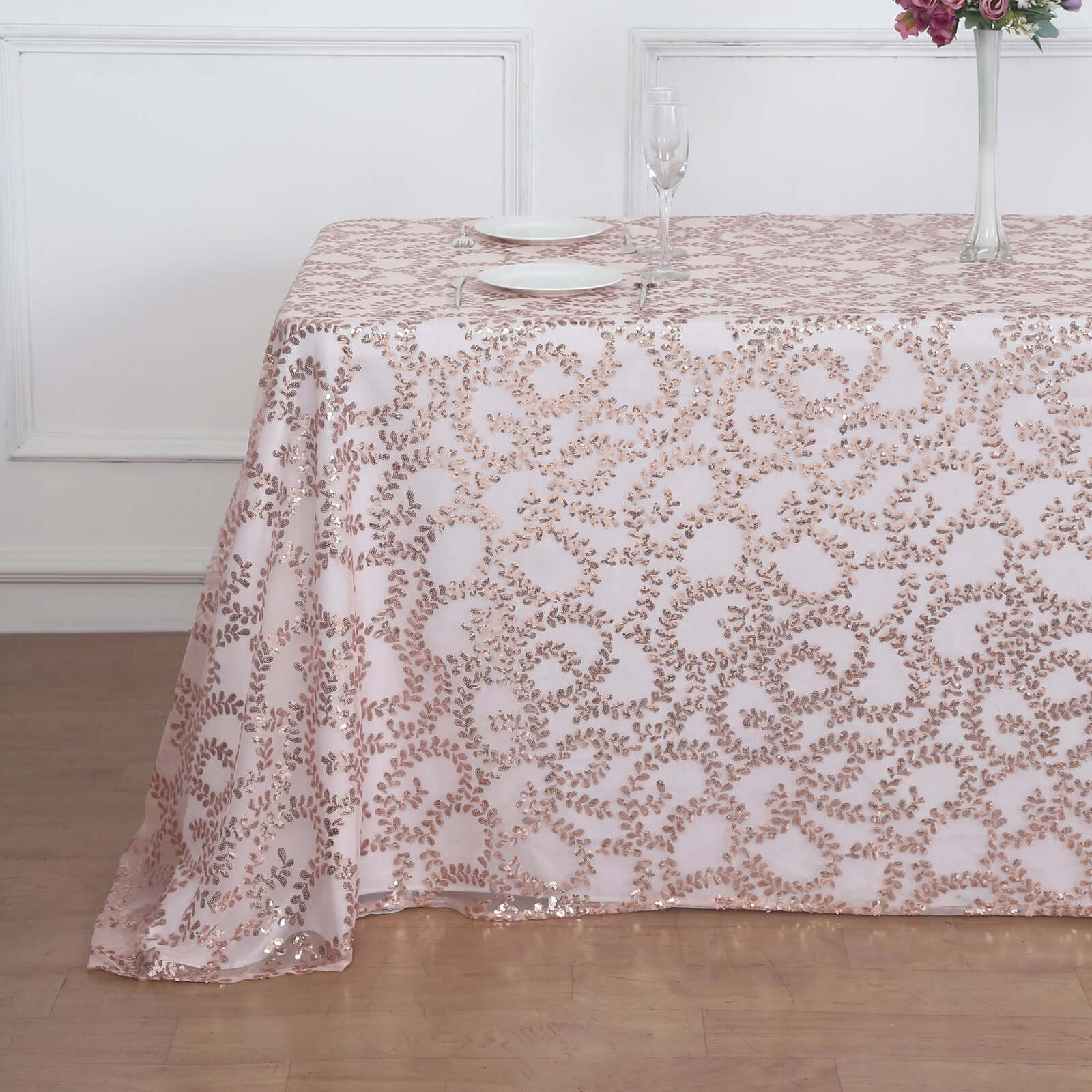 Tulle Rectangle Tablecloth 90"x156" Rose Gold with Embroidered Sequin Leaf Table Cover - Image 11