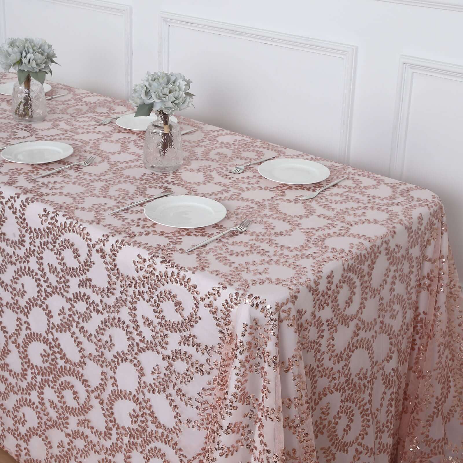 Tulle Rectangle Tablecloth 90"x156" Rose Gold with Embroidered Sequin Leaf Table Cover - Image 2