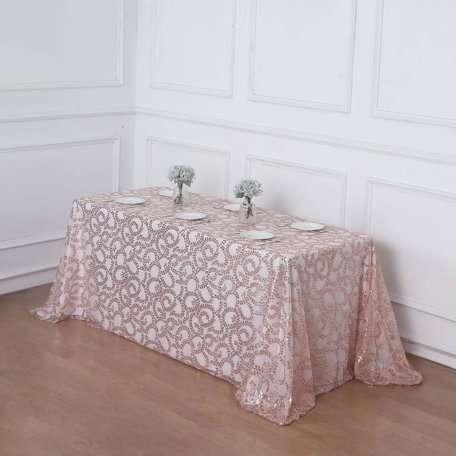 Tulle Rectangle Tablecloth 90"x156" Rose Gold with Embroidered Sequin Leaf Table Cover - Image 3