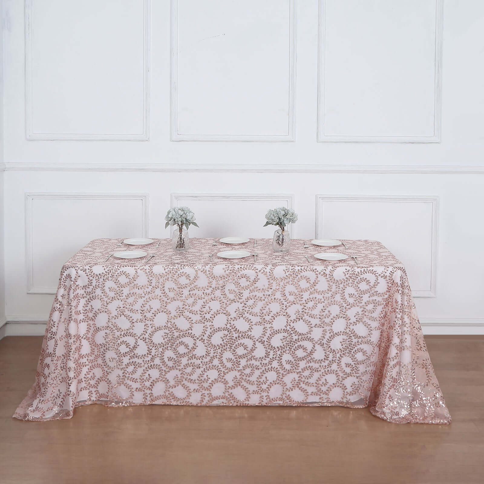 Tulle Rectangle Tablecloth 90"x156" Rose Gold with Embroidered Sequin Leaf Table Cover - Image 4