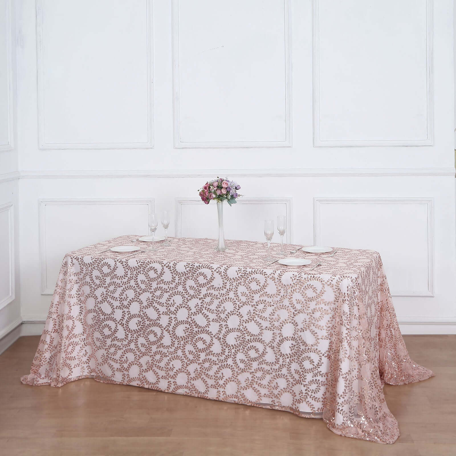 Tulle Rectangle Tablecloth 90"x156" Rose Gold with Embroidered Sequin Leaf Table Cover - Image 5
