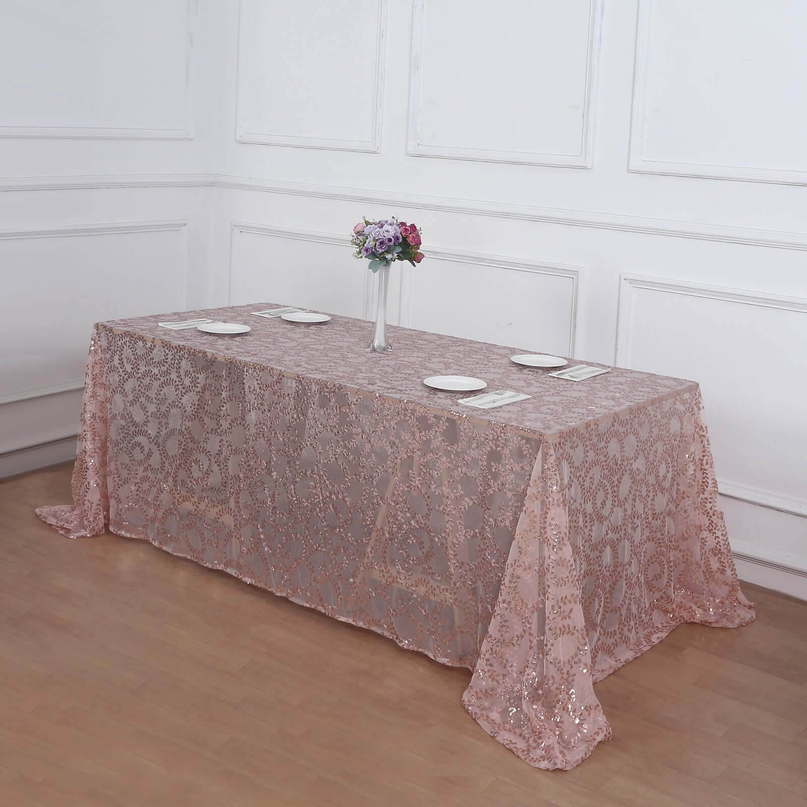 Tulle Rectangle Tablecloth 90"x156" Rose Gold with Embroidered Sequin Leaf Table Cover - Image 8