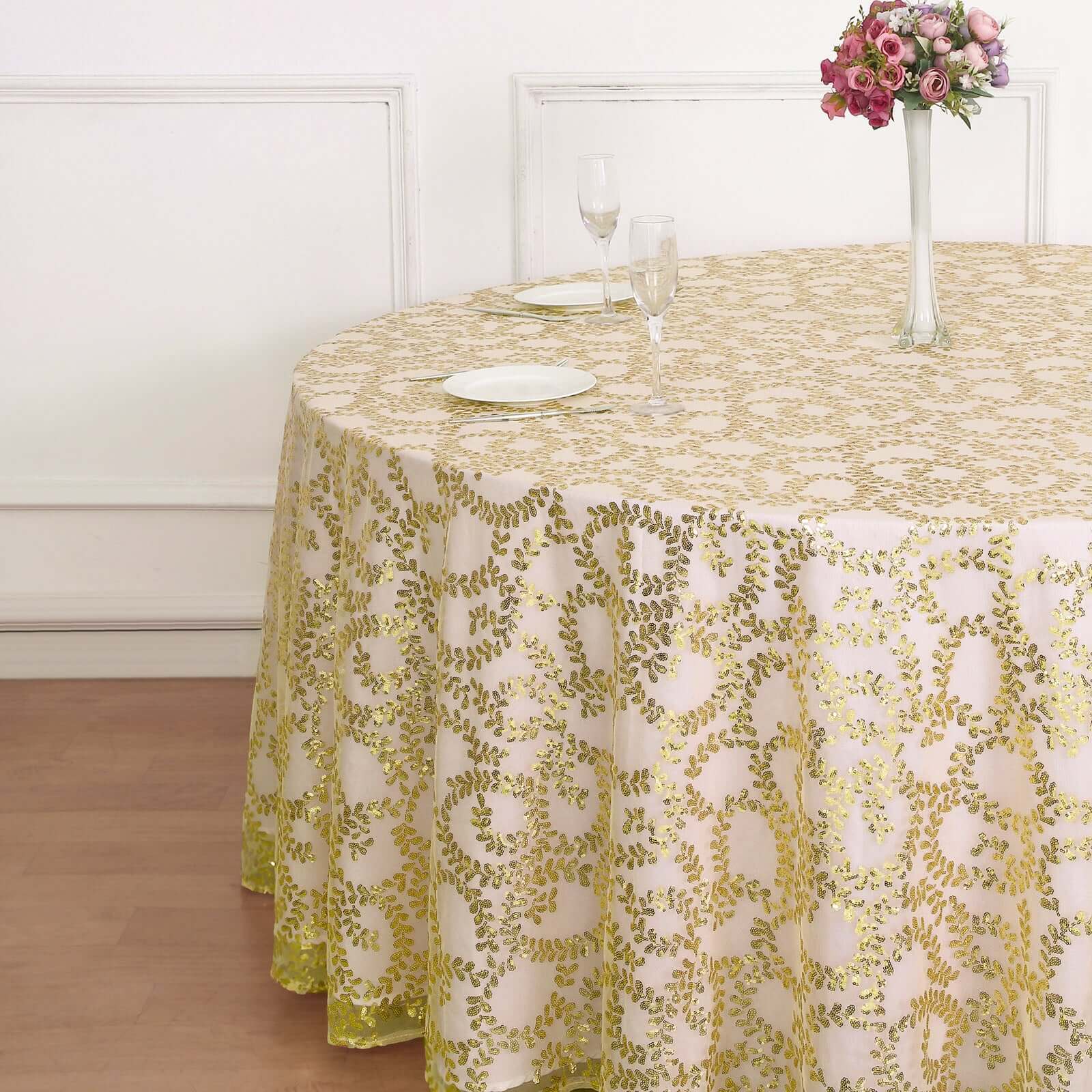 Tulle Round Tablecloth 120" Gold with Sequin Leaf Embroidered Design - Seamless Sheer Decor for Weddings, Galas & Events - Image 2