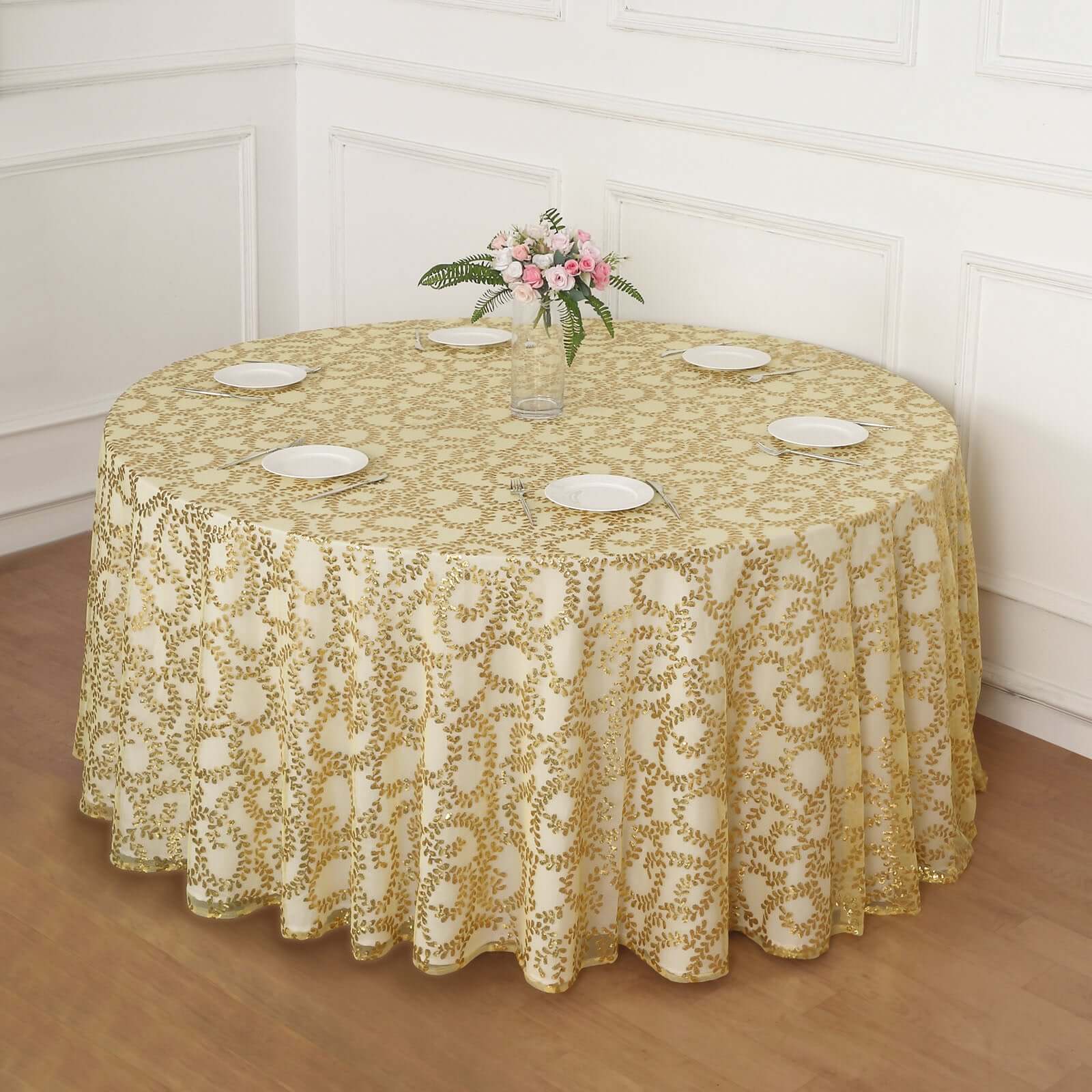 Tulle Round Tablecloth 120" Gold with Sequin Leaf Embroidered Design - Seamless Sheer Decor for Weddings, Galas & Events - Image 3