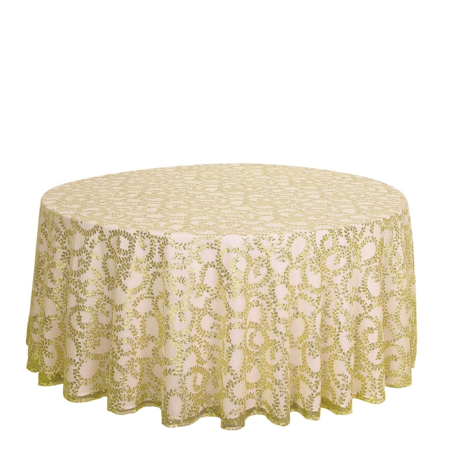 Tulle Round Tablecloth 120" Gold with Sequin Leaf Embroidered Design - Seamless Sheer Decor for Weddings, Galas & Events - Image 5