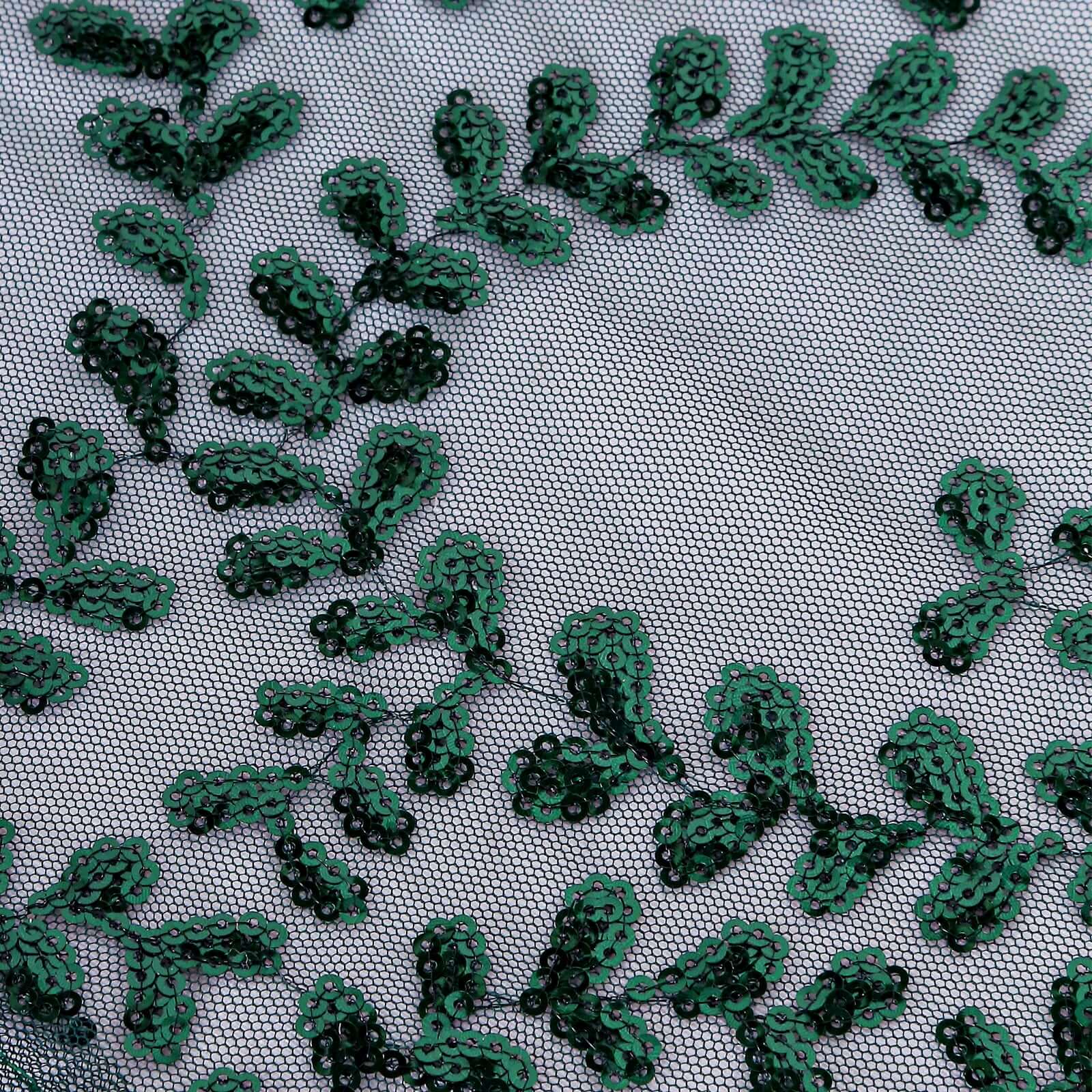 Tulle Round Tablecloth 120" Hunter Emerald Green with Sequin Leaf Embroidered Design - Seamless Sheer Table Cover - Image 10