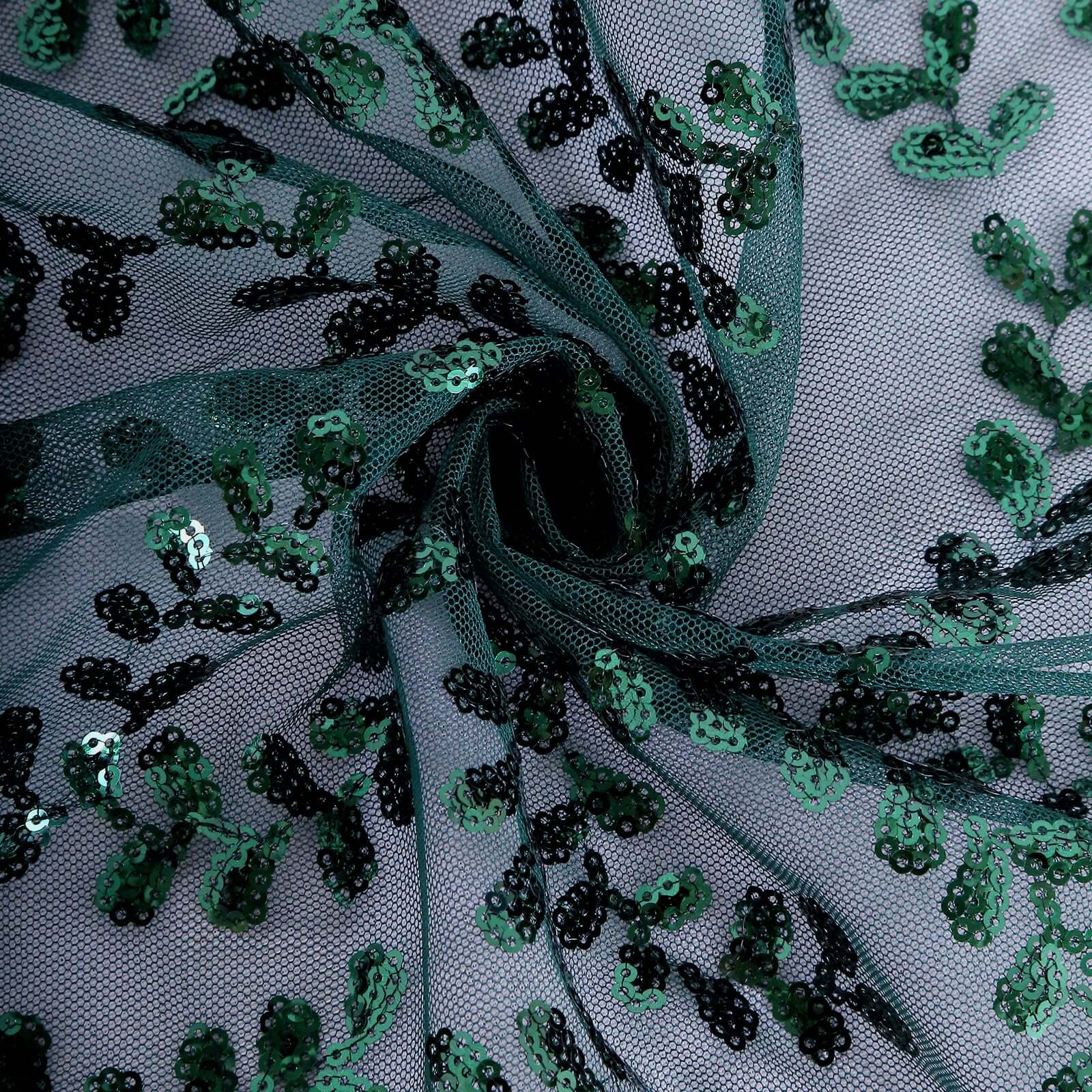 Tulle Round Tablecloth 120" Hunter Emerald Green with Sequin Leaf Embroidered Design - Seamless Sheer Table Cover - Image 11