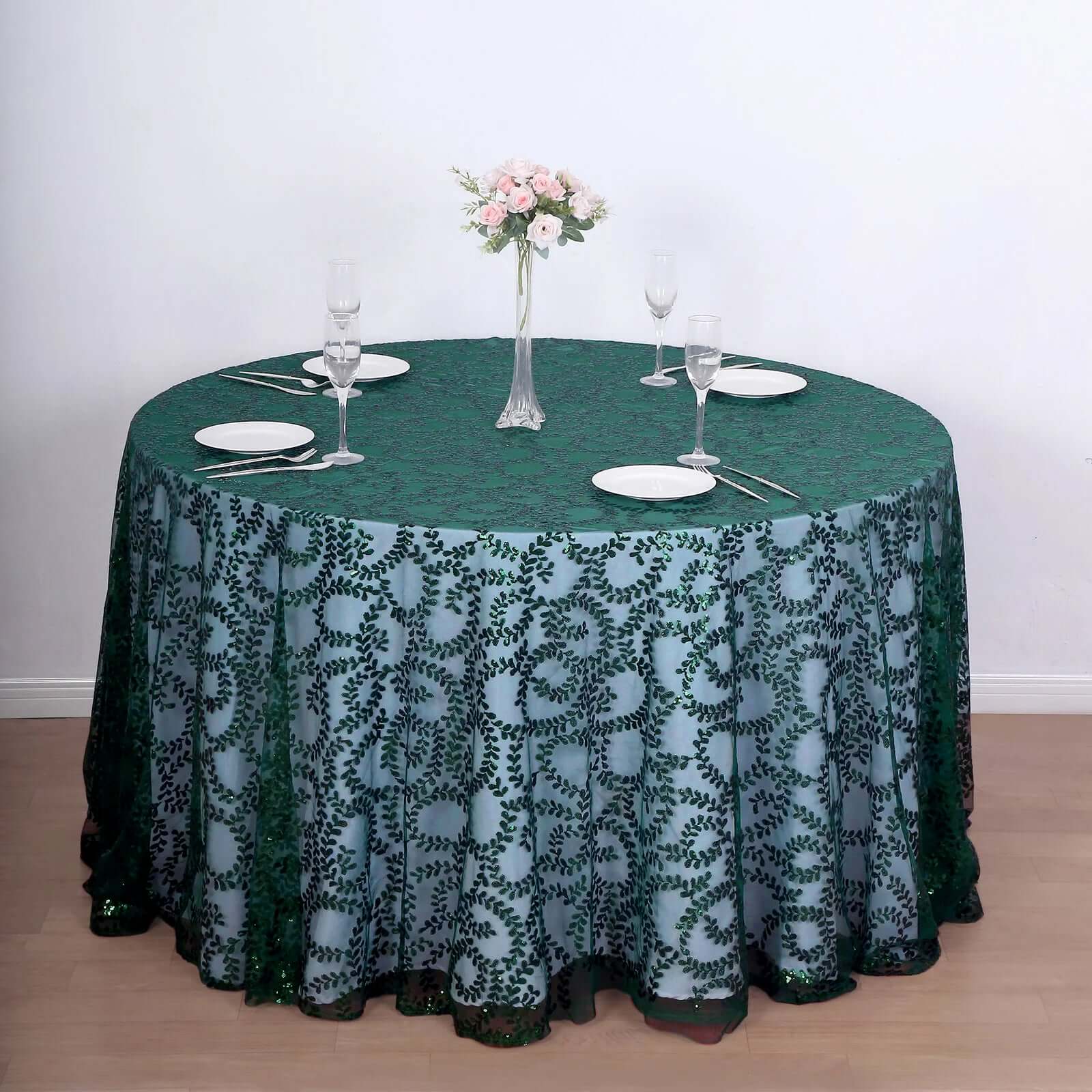 Tulle Round Tablecloth 120" Hunter Emerald Green with Sequin Leaf Embroidered Design - Seamless Sheer Table Cover - Image 4