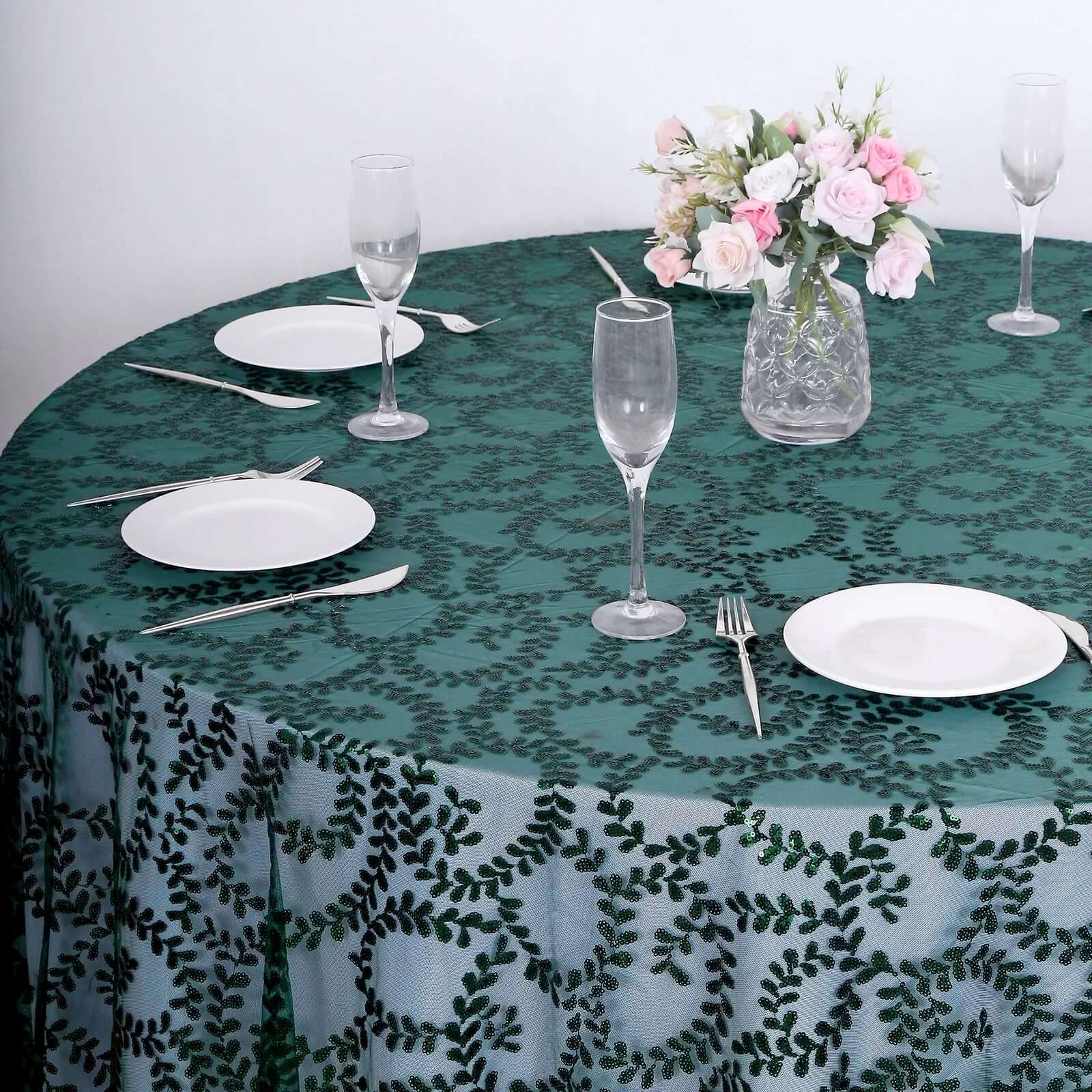 Tulle Round Tablecloth 120" Hunter Emerald Green with Sequin Leaf Embroidered Design - Seamless Sheer Table Cover - Image 5