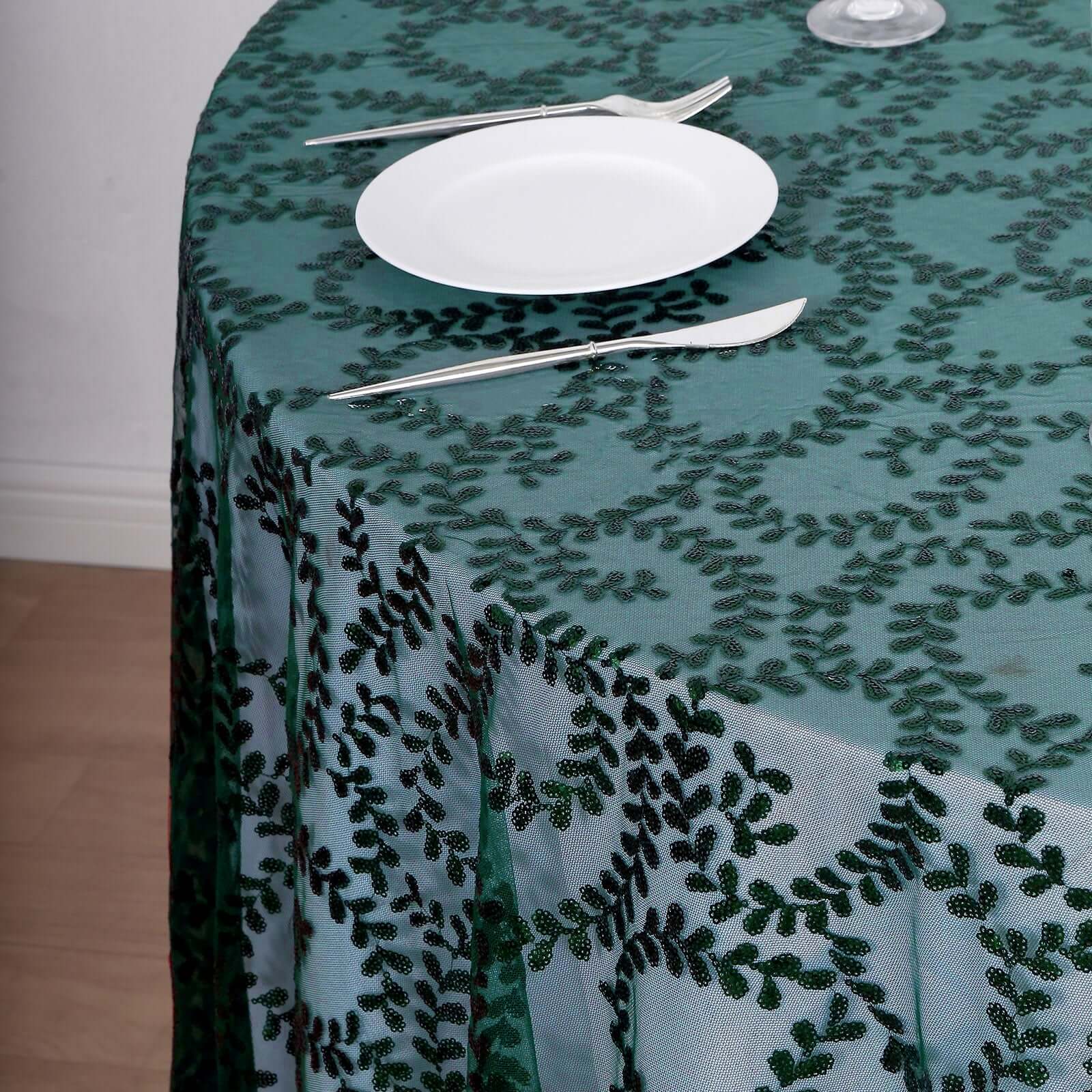 Tulle Round Tablecloth 120" Hunter Emerald Green with Sequin Leaf Embroidered Design - Seamless Sheer Table Cover - Image 6