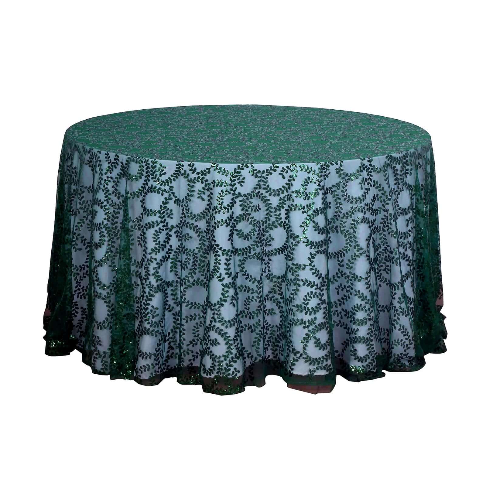 Tulle Round Tablecloth 120" Hunter Emerald Green with Sequin Leaf Embroidered Design - Seamless Sheer Table Cover - Image 7