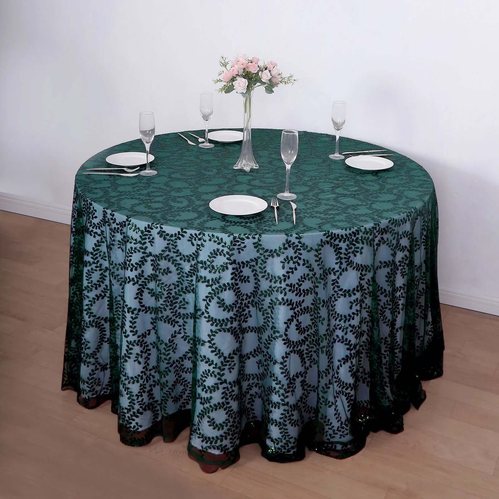 Tulle Round Tablecloth 120" Hunter Emerald Green with Sequin Leaf Embroidered Design - Seamless Sheer Table Cover - Image 8