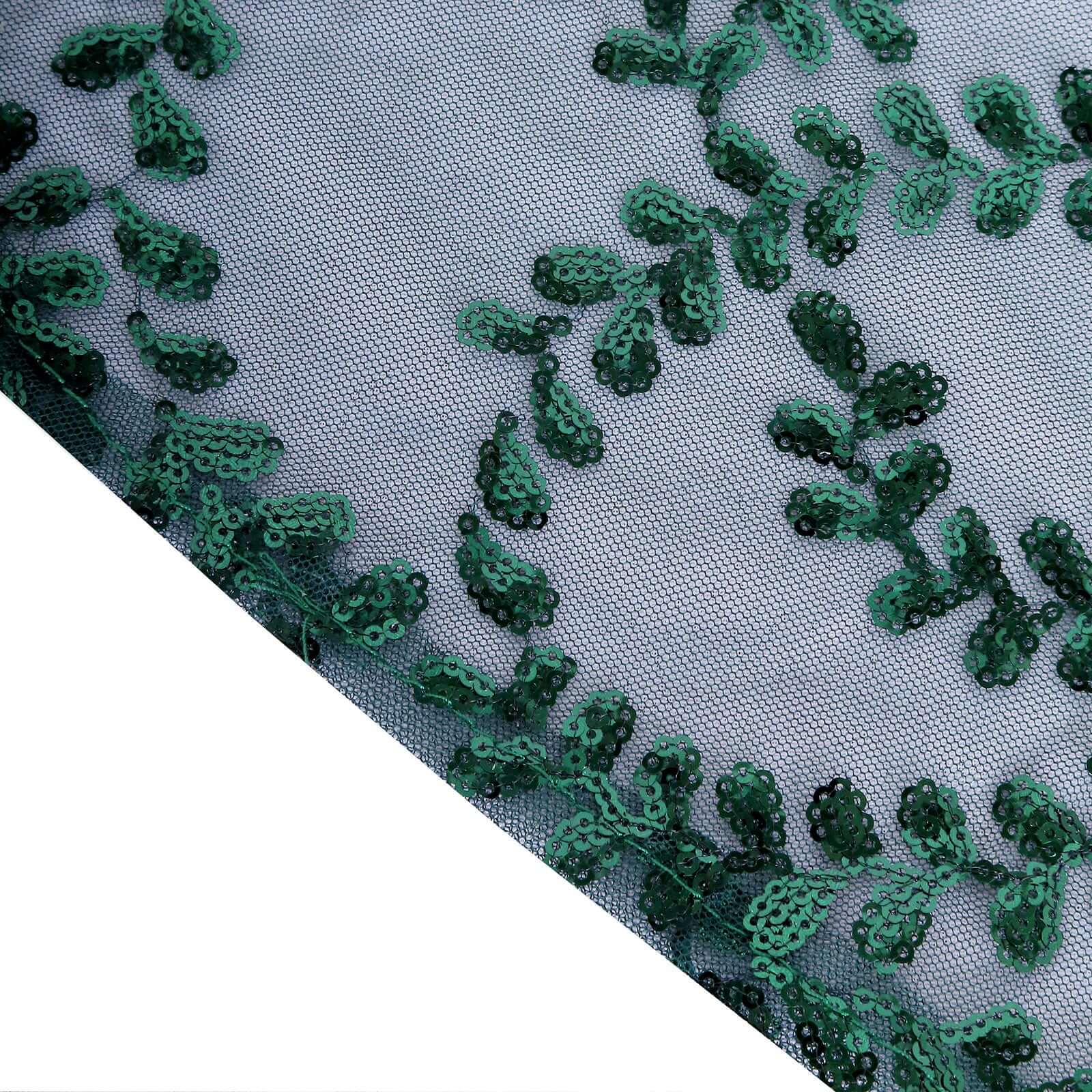 Tulle Round Tablecloth 120" Hunter Emerald Green with Sequin Leaf Embroidered Design - Seamless Sheer Table Cover - Image 9
