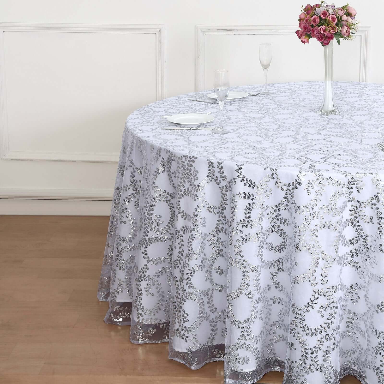 Tulle Round Tablecloth 120" Silver with Sequin Leaf Embroidered Design - Seamless Sheer Table Cover - Image 2