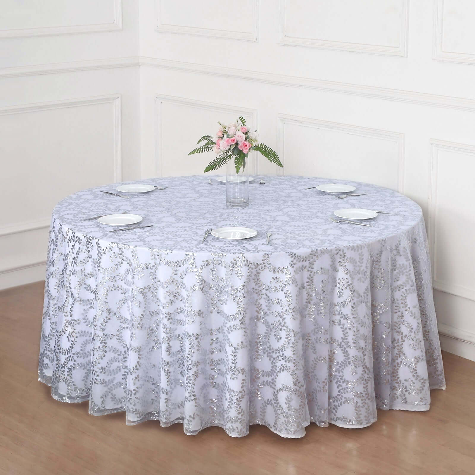 Tulle Round Tablecloth 120" Silver with Sequin Leaf Embroidered Design - Seamless Sheer Table Cover - Image 3