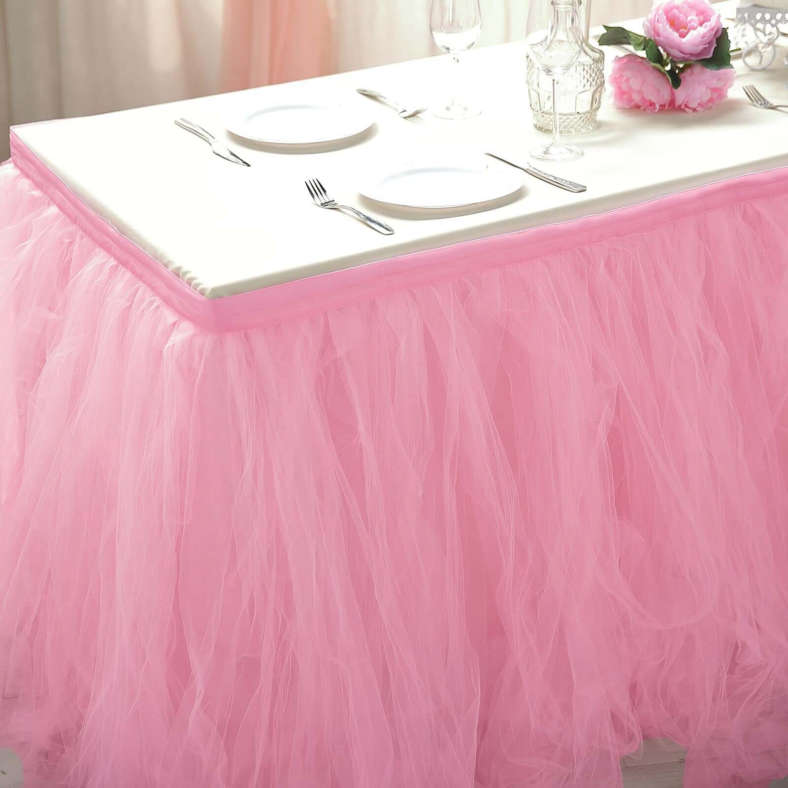 Tulle Table Skirt 17ft Pink/Rose Quartz - 4 Layer Pleated Tutu Table Cover - Image 3