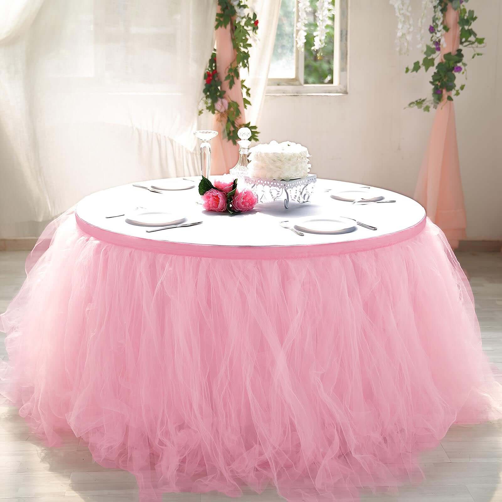 Tulle Table Skirt 17ft Pink/Rose Quartz - 4 Layer Pleated Tutu Table Cover - Image 6
