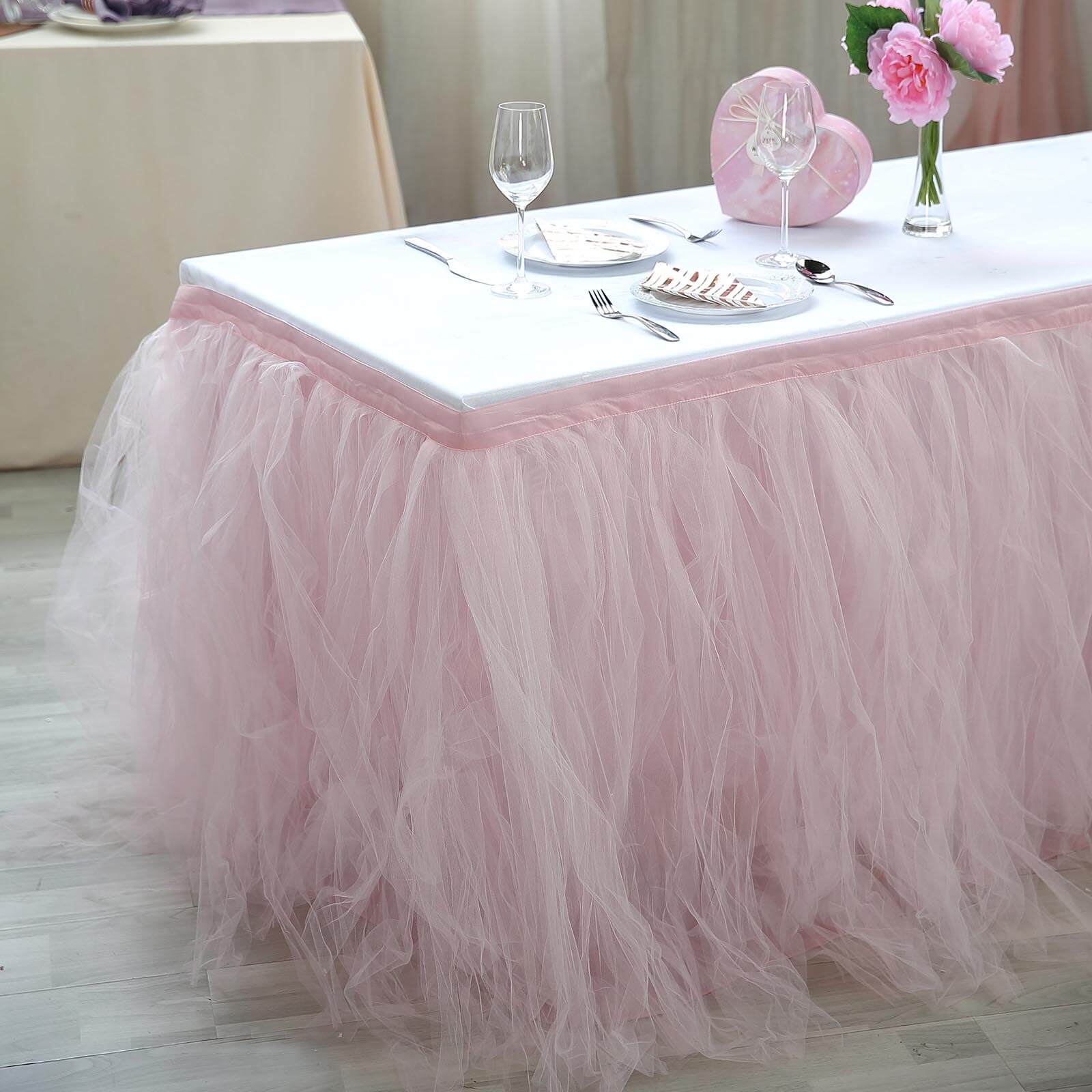 Tulle Table Skirt 21ft Blush - 4 Layer Pleated Tutu Table Cover - Image 6