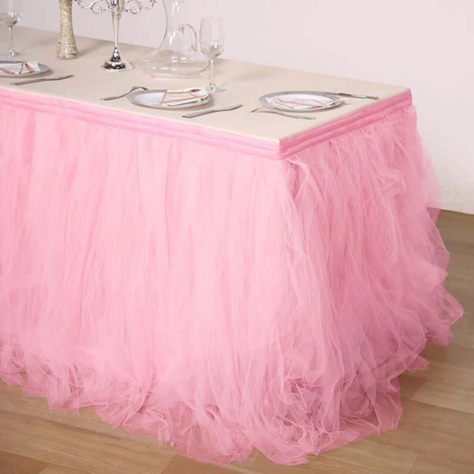 Tulle Table Skirt 21ft Pink/Rose Quartz - 4 Layer Pleated Tutu Table Cover - Image 3