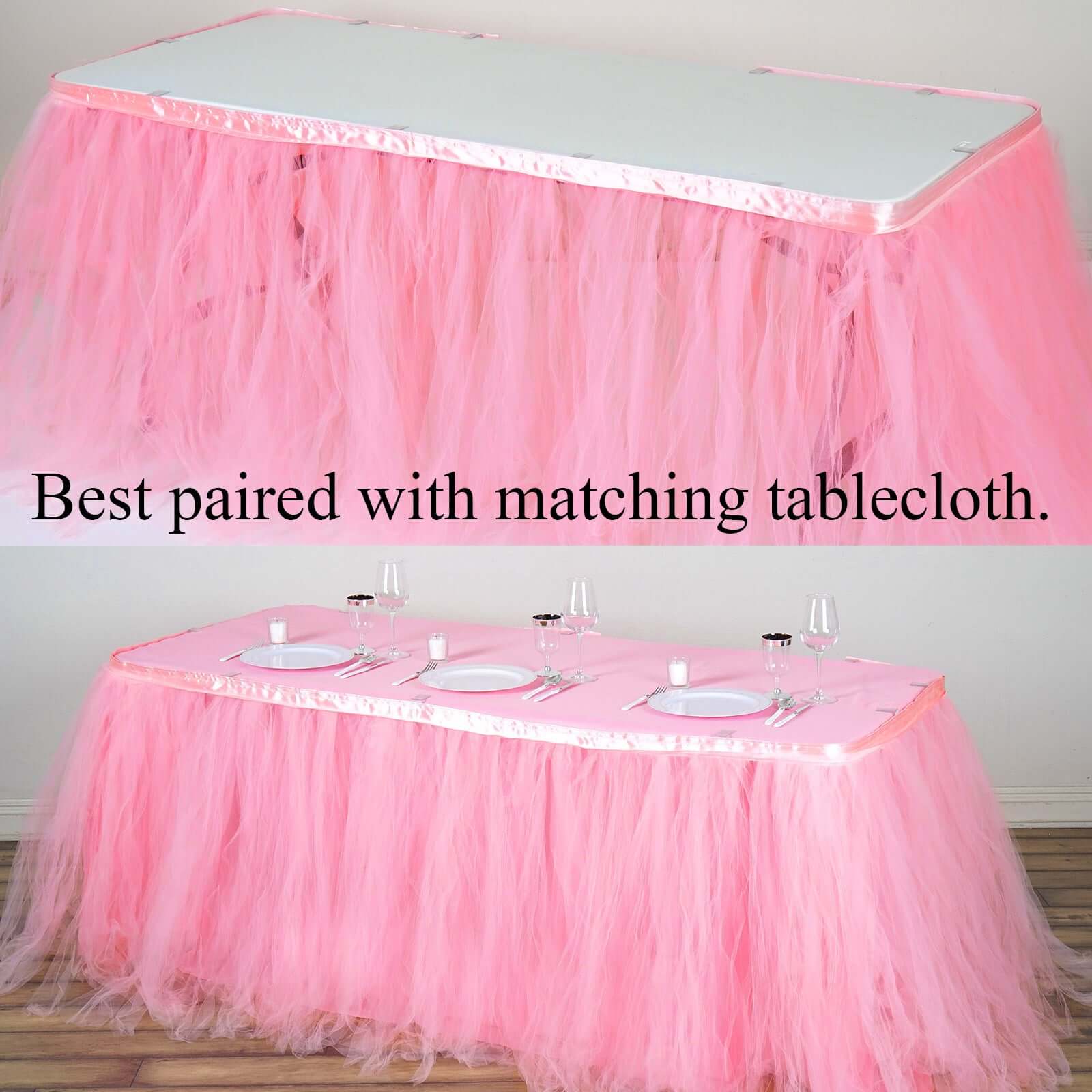 Tulle Table Skirt 21ft Pink/Rose Quartz - 4 Layer Pleated Tutu Table Cover - Image 6