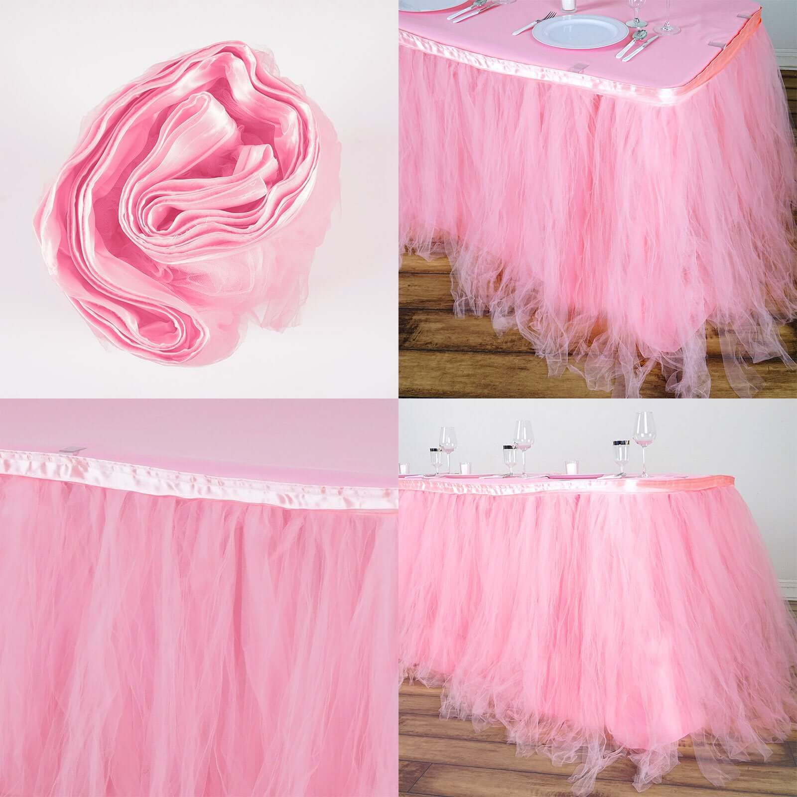 Tulle Table Skirt 21ft Pink/Rose Quartz - 4 Layer Pleated Tutu Table Cover - Image 7
