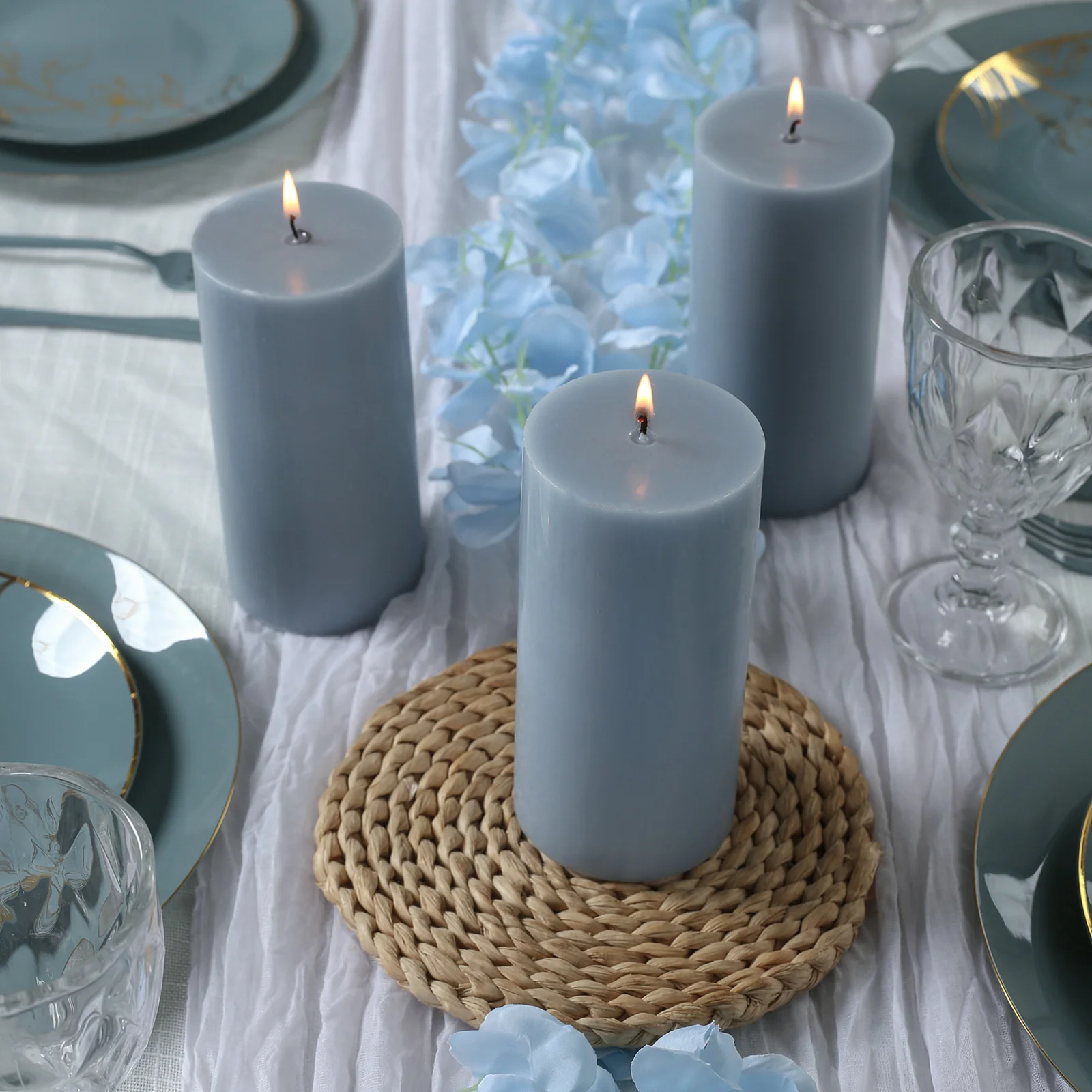 12-Pack Unscented Pillar Candles 3"x6" – Dripless Dusty Blue Paraffin Wax with Smokeless Cotton Wicks for Clean, Long-Lasting Burn - Image 2
