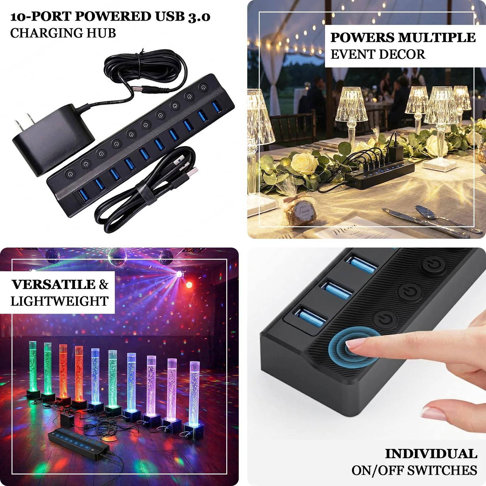 USB 3.0 10-Port Powered Charging Hub – 12V/2A with Independent Switches for LED Lamps, Event Lights & Wedding Installations - Image 3