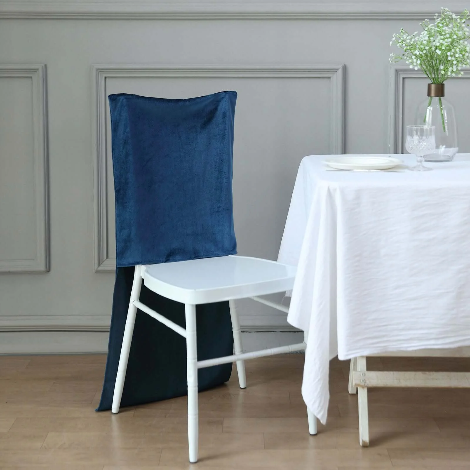 Velvet Chiavari Chair Back Slipcover Navy Blue - Smooth Solid Back Chair Cover Cap - Image 2