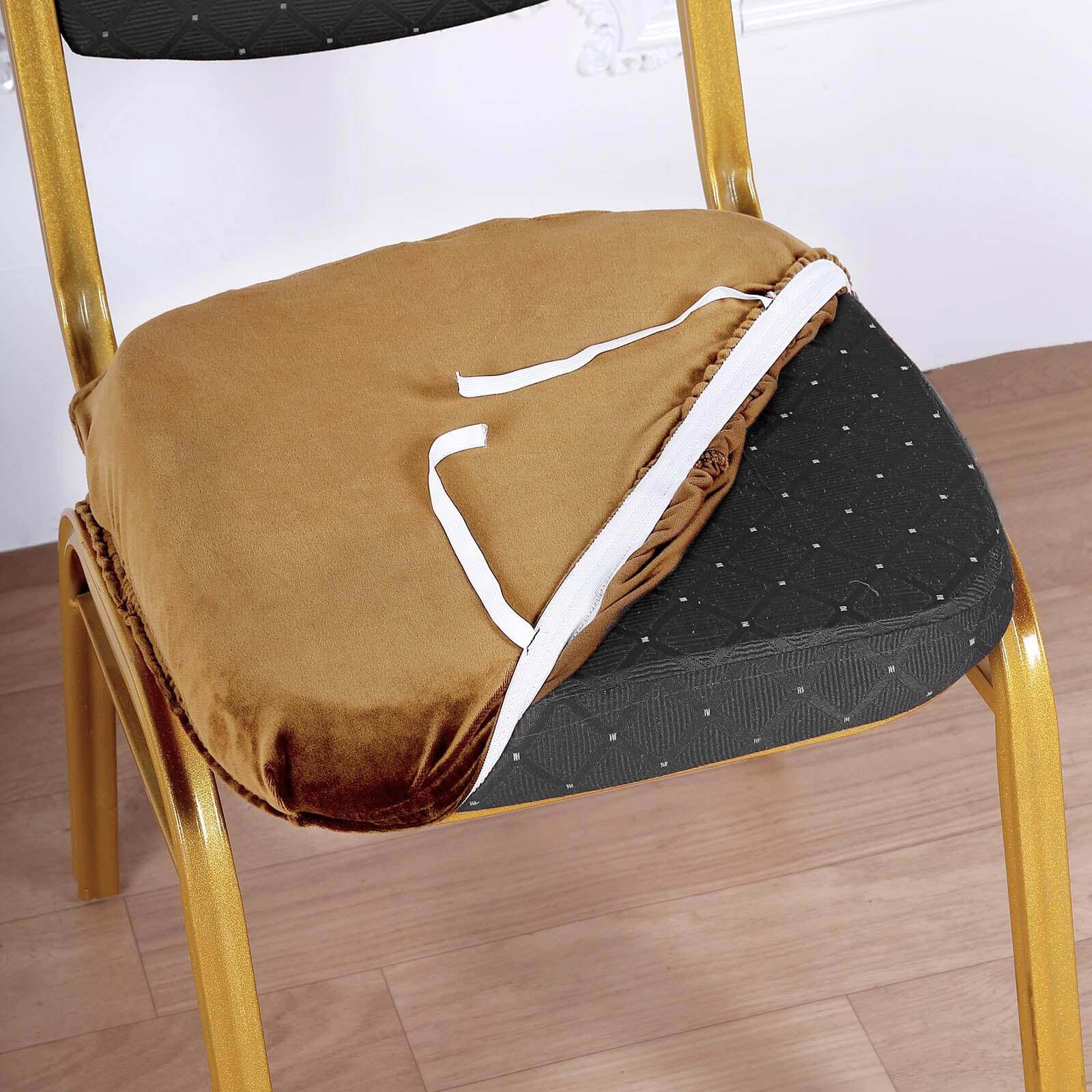 Velvet Dining Chair Seat Cover Gold Stretch with Tie - Stylish Cushion Protector for Sophisticated Events - Image 2