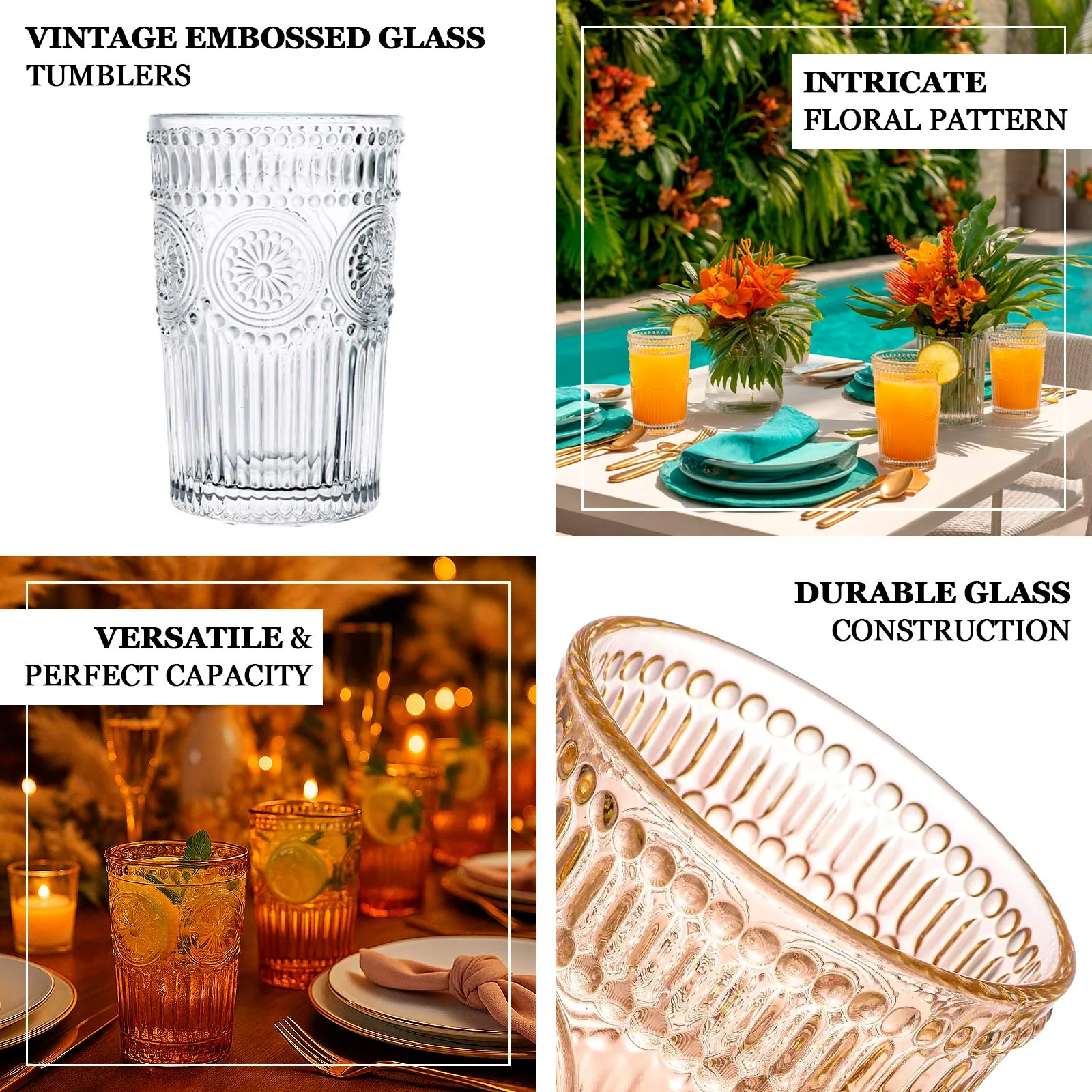 6 Pack Vintage Embossed Glass Tumblers – 13oz Clear Drinking Glasses Textured Floral Pattern for Water, Juice & Cocktails - Image 4