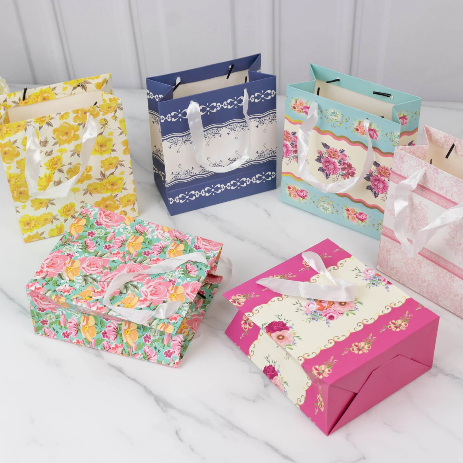 12-Pack Gift Bags Mixed Vintage Floral Tea Party - Paper Goodie Bags with Ribbon Handles - Party Favor Bags - 6"x7"x3" - Image 3