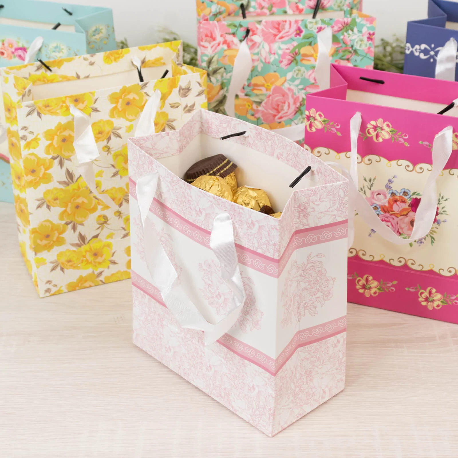 12-Pack Gift Bags Mixed Vintage Floral Tea Party - Paper Goodie Bags with Ribbon Handles - Party Favor Bags - 6"x7"x3" - Image 4