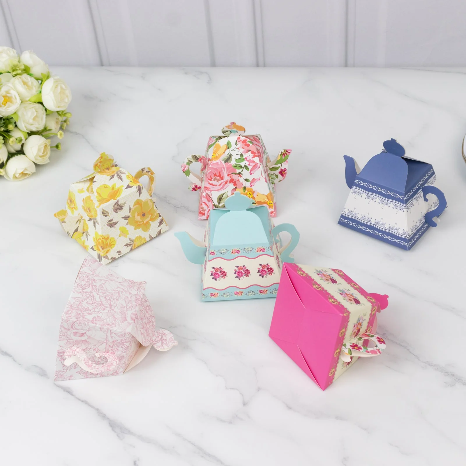 24 Pack Party Favor Boxes in Mixed Vintage Floral Tea Pot Design - Elegant Cardboard Paper Gift Boxes for Weddings & Baby Showers - 5"x4" - Image 6