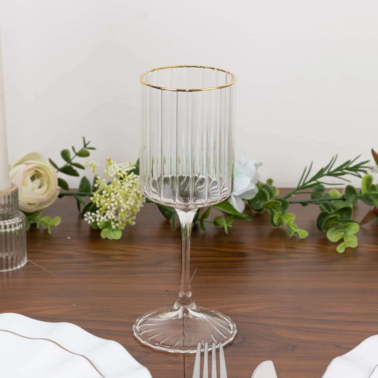 6-Pack Vintage Goblet Wine Glasses – 10oz Ribbed Clear Glass with Gold Rim, Classic Table Drinkware for Cocktails or Beverages – 8" Tall - Image 2