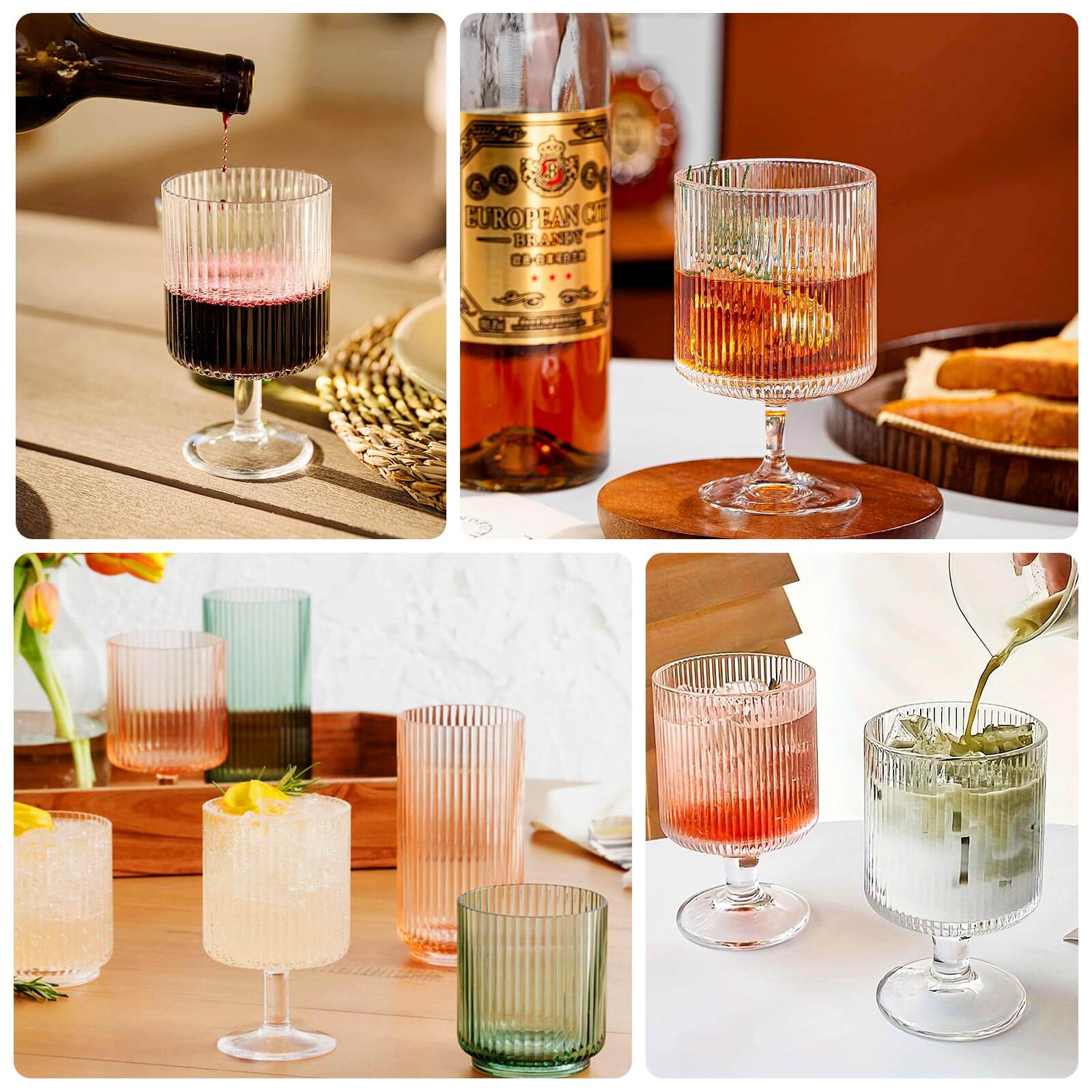 12-Pack Clear Plastic Wine Glasses 12oz, Vintage Ribbed Pattern Short Stemmed - Reusable Shatterproof Goblets - Image 4